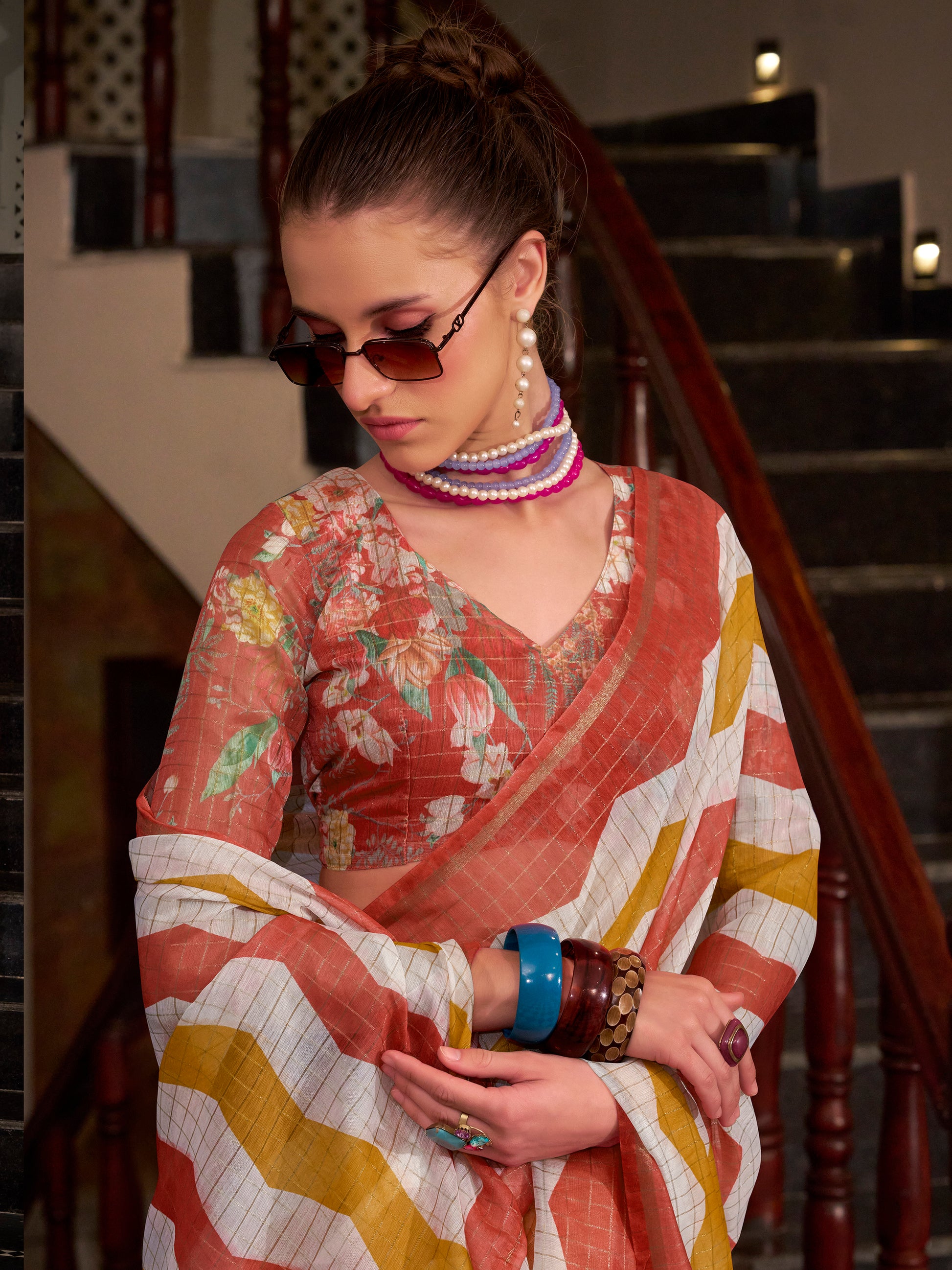 Spectacular Orange Printed Cotton Saree With Floral Printed Blouse