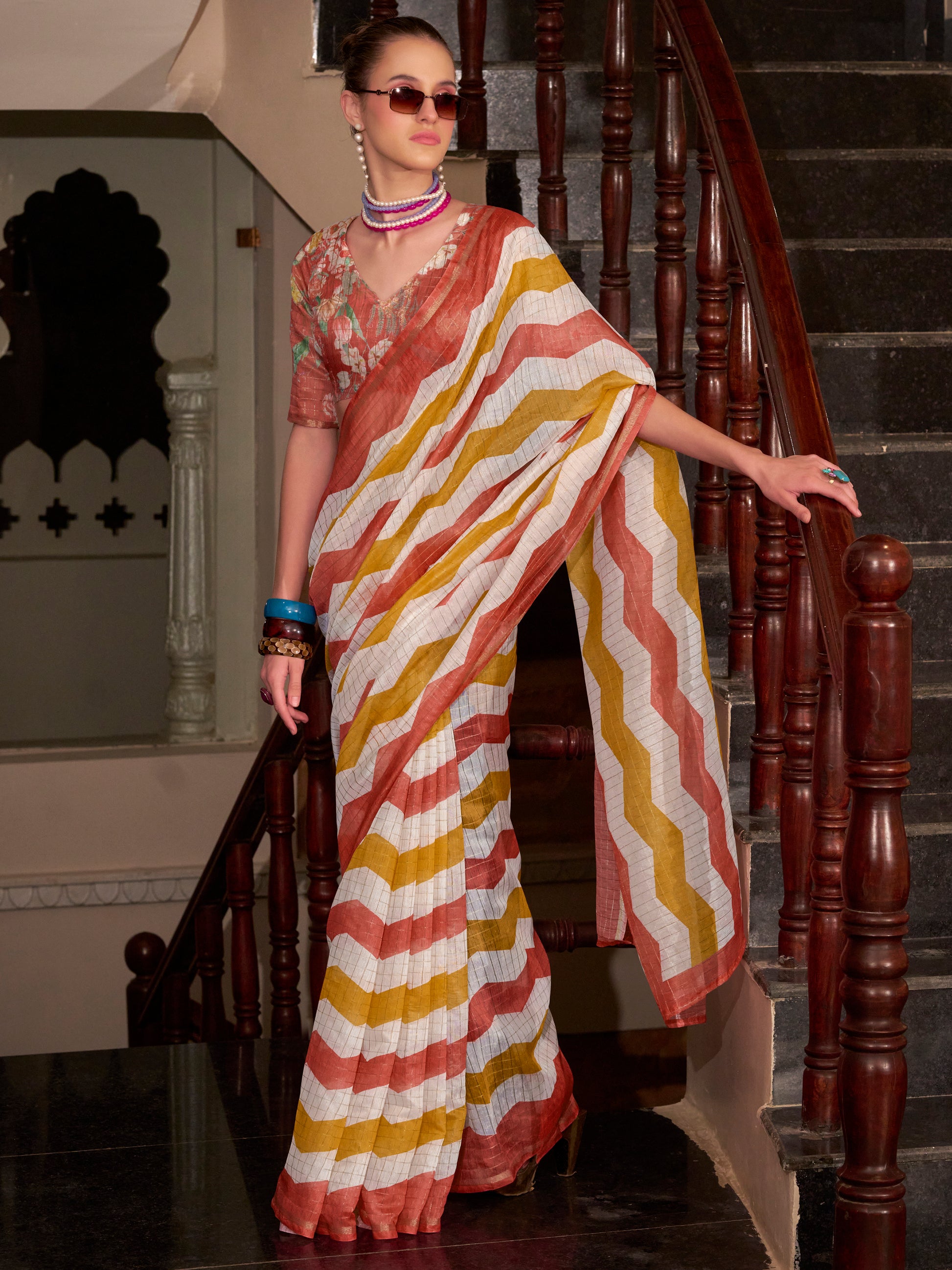 Spectacular Orange Printed Cotton Saree With Floral Printed Blouse