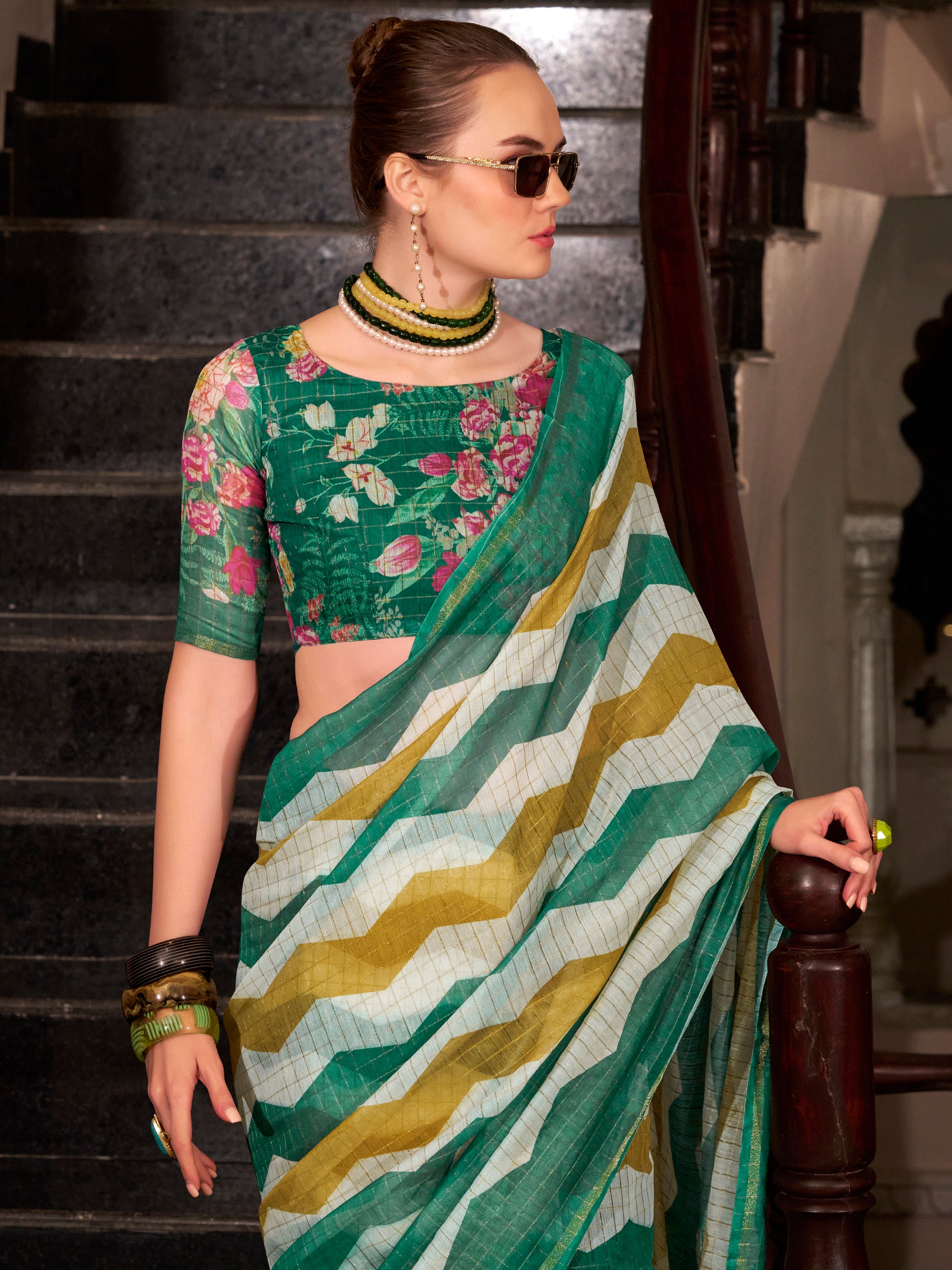 Dazzling Green Printed Cotton Festive Wear Saree With Floral Printed Blouse