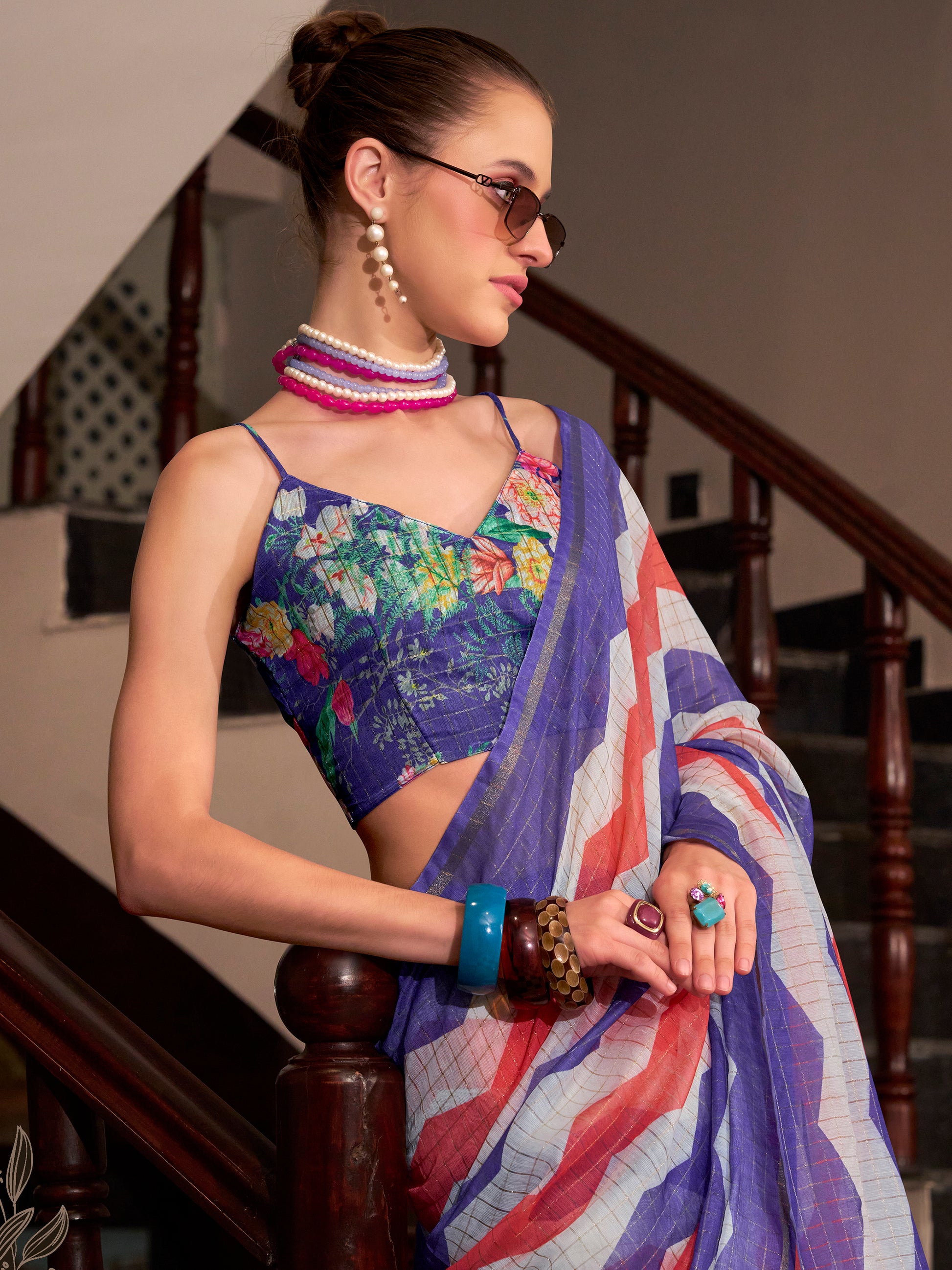 Fabulous Blue Printed Cotton Casual Wear Saree With Blouse