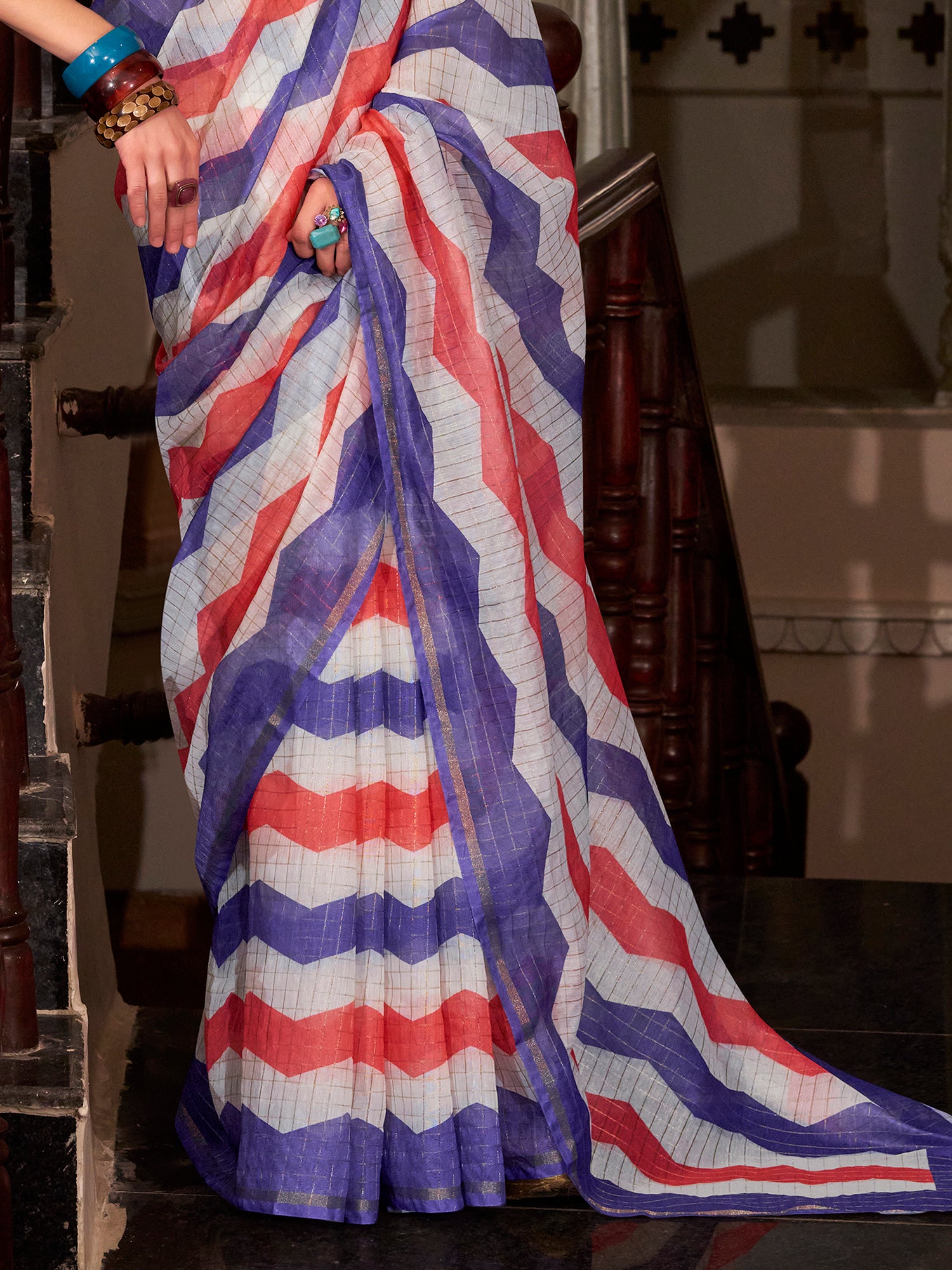 Fabulous Blue Printed Cotton Casual Wear Saree With Blouse
