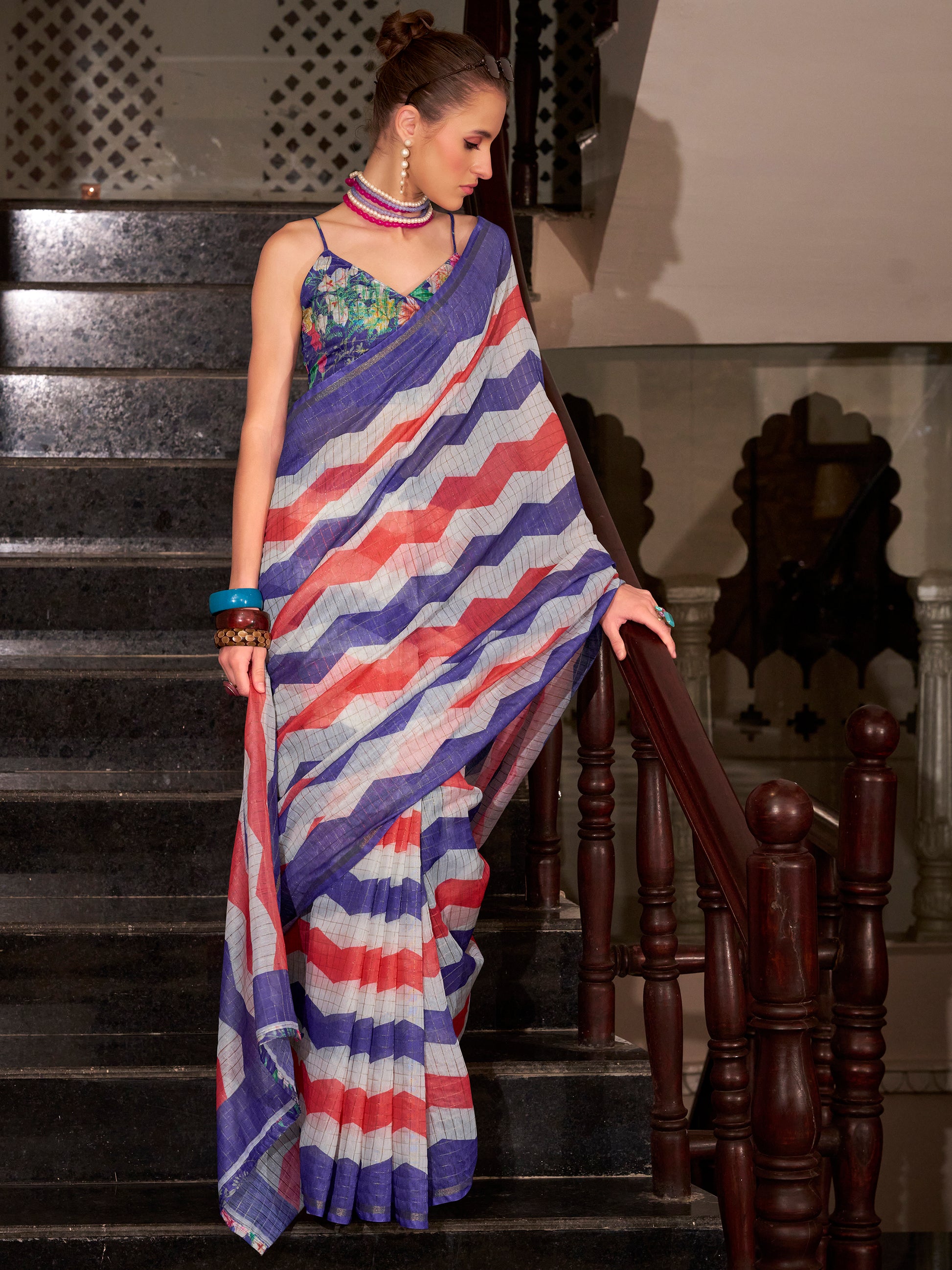 Fabulous Blue Printed Cotton Casual Wear Saree With Blouse