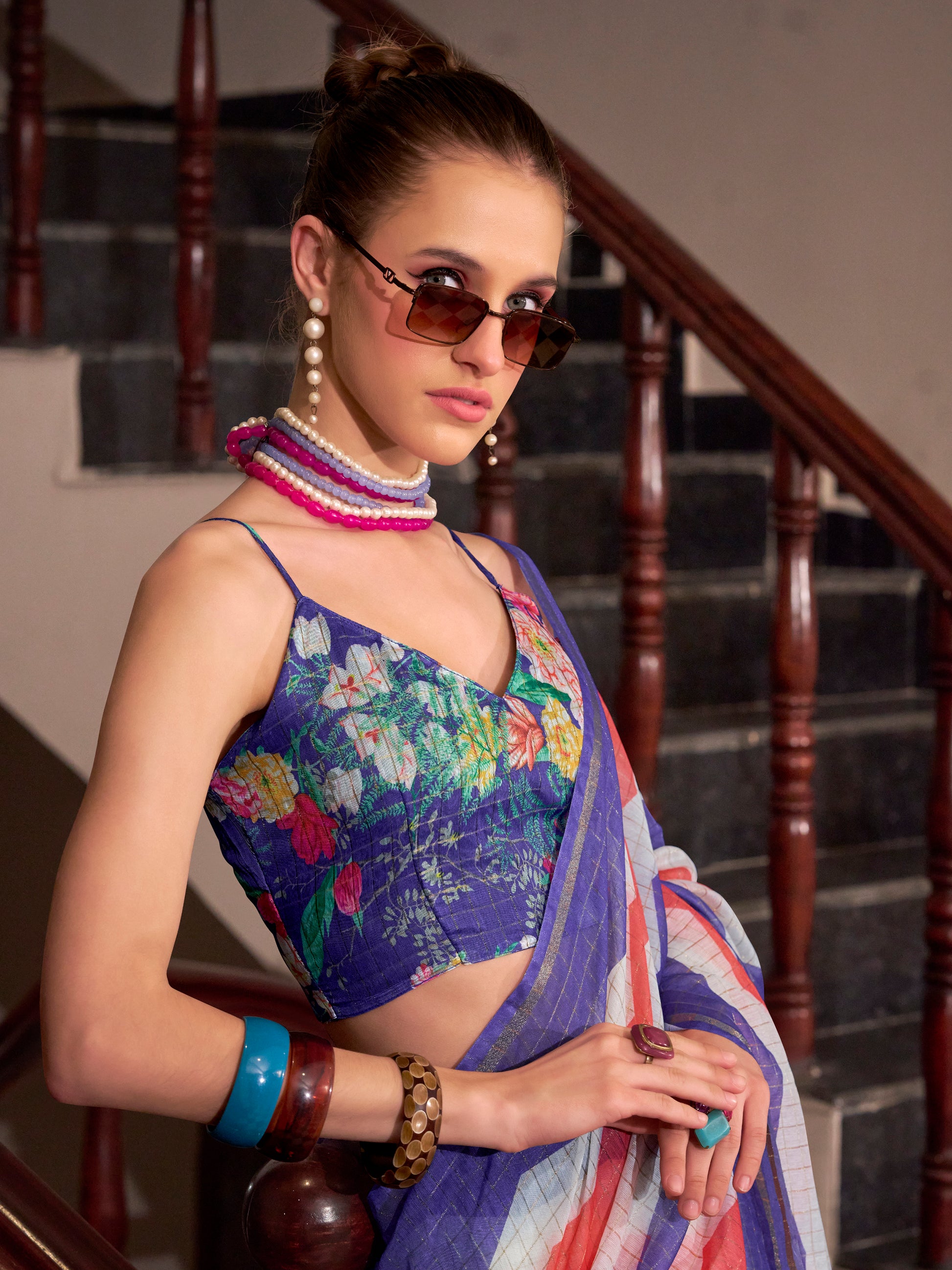 Fabulous Blue Printed Cotton Casual Wear Saree With Blouse