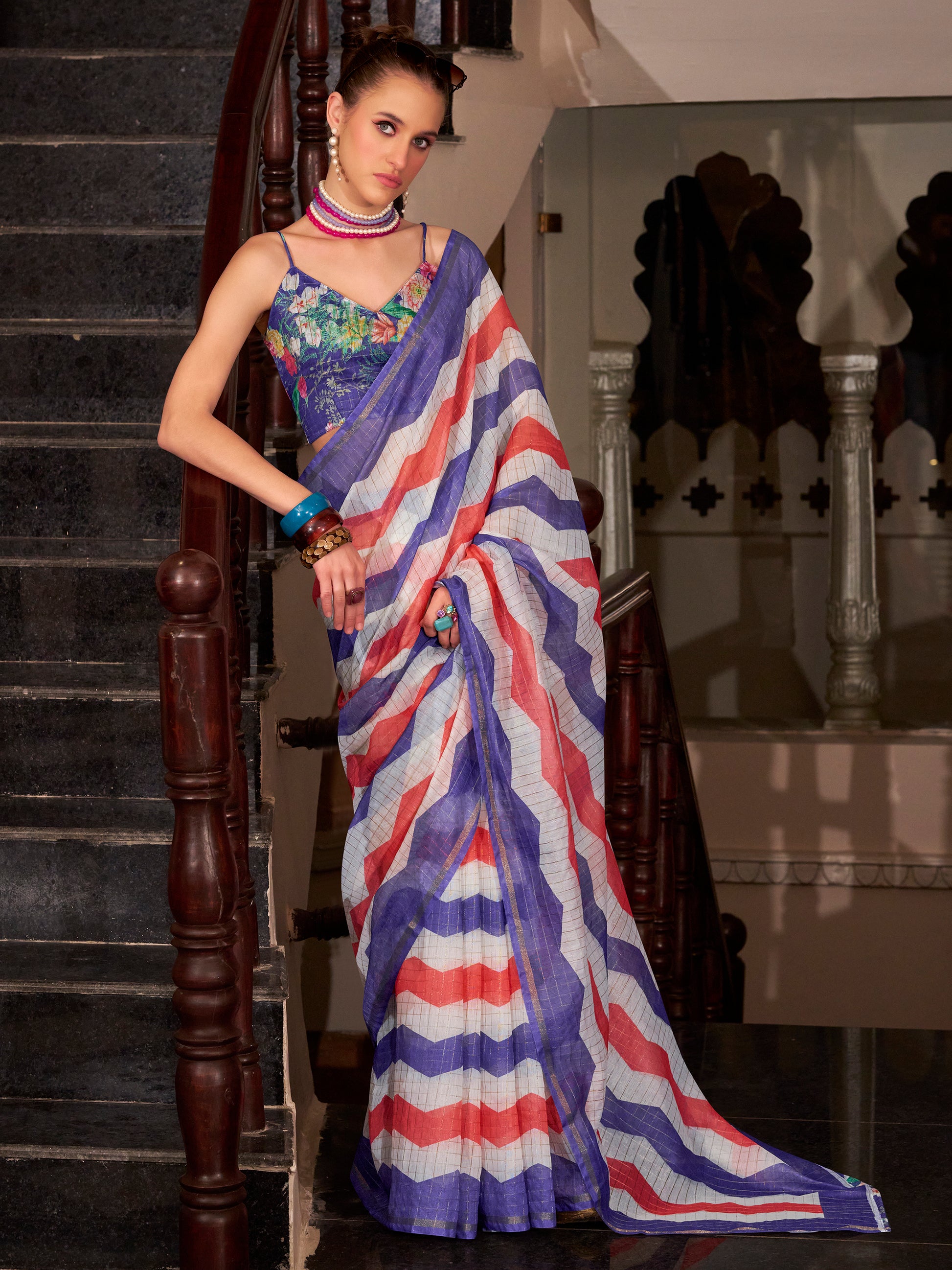 Fabulous Blue Printed Cotton Casual Wear Saree With Blouse