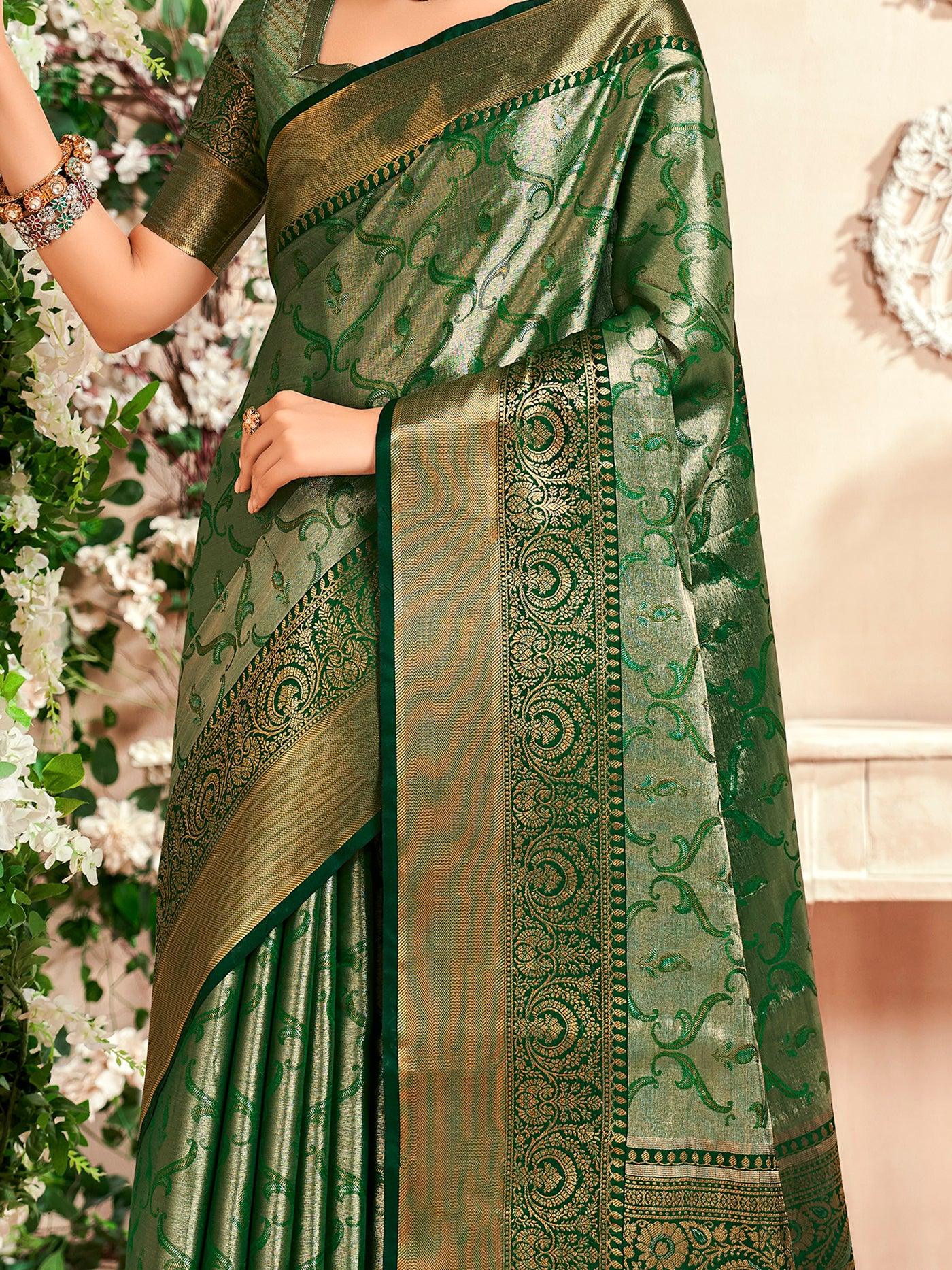 Mesmerizing Green Zari Weaving Silk Mehendi Wear Saree With Blouse