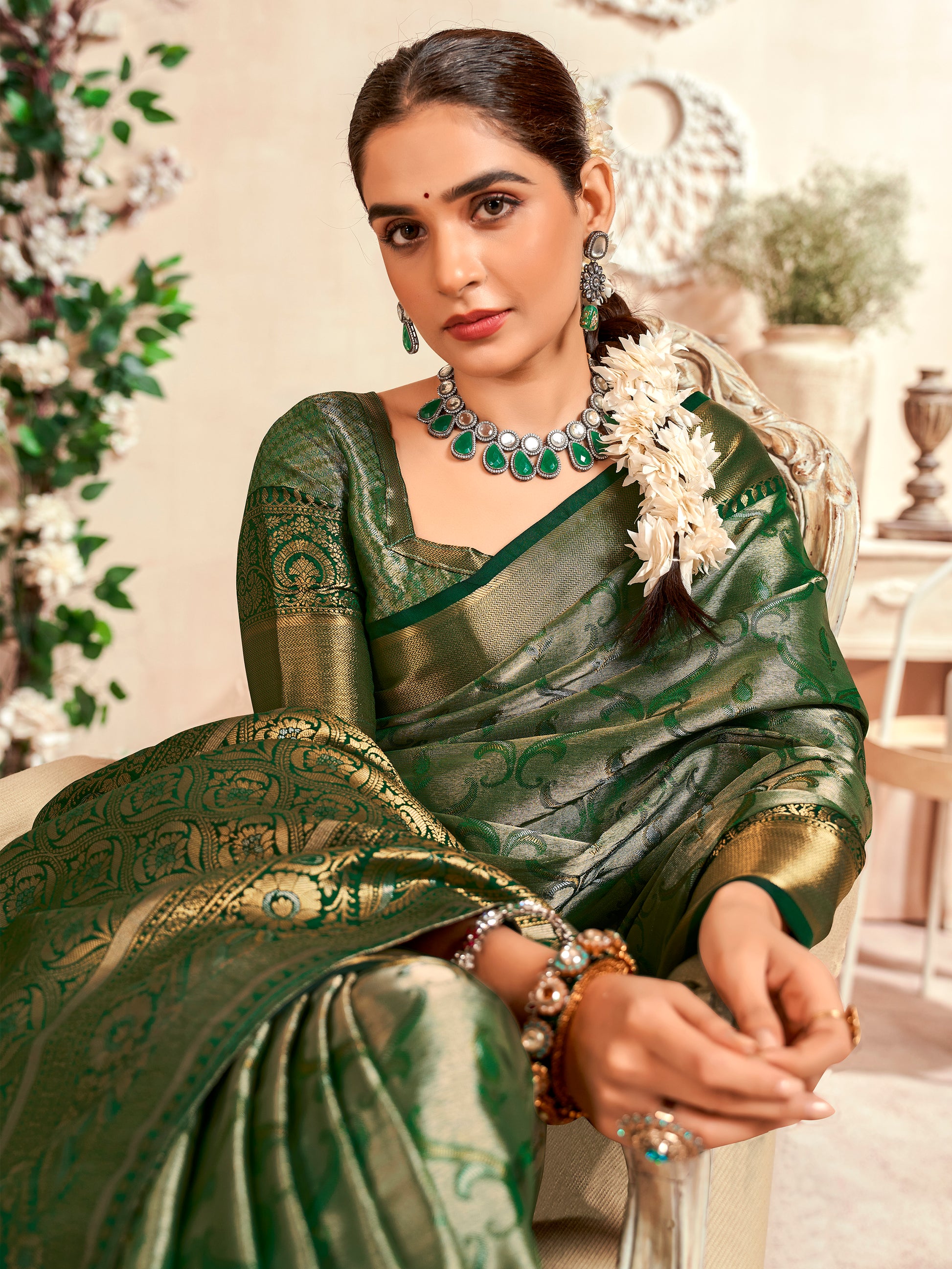 Mesmerizing Green Zari Weaving Silk Mehendi Wear Saree With Blouse