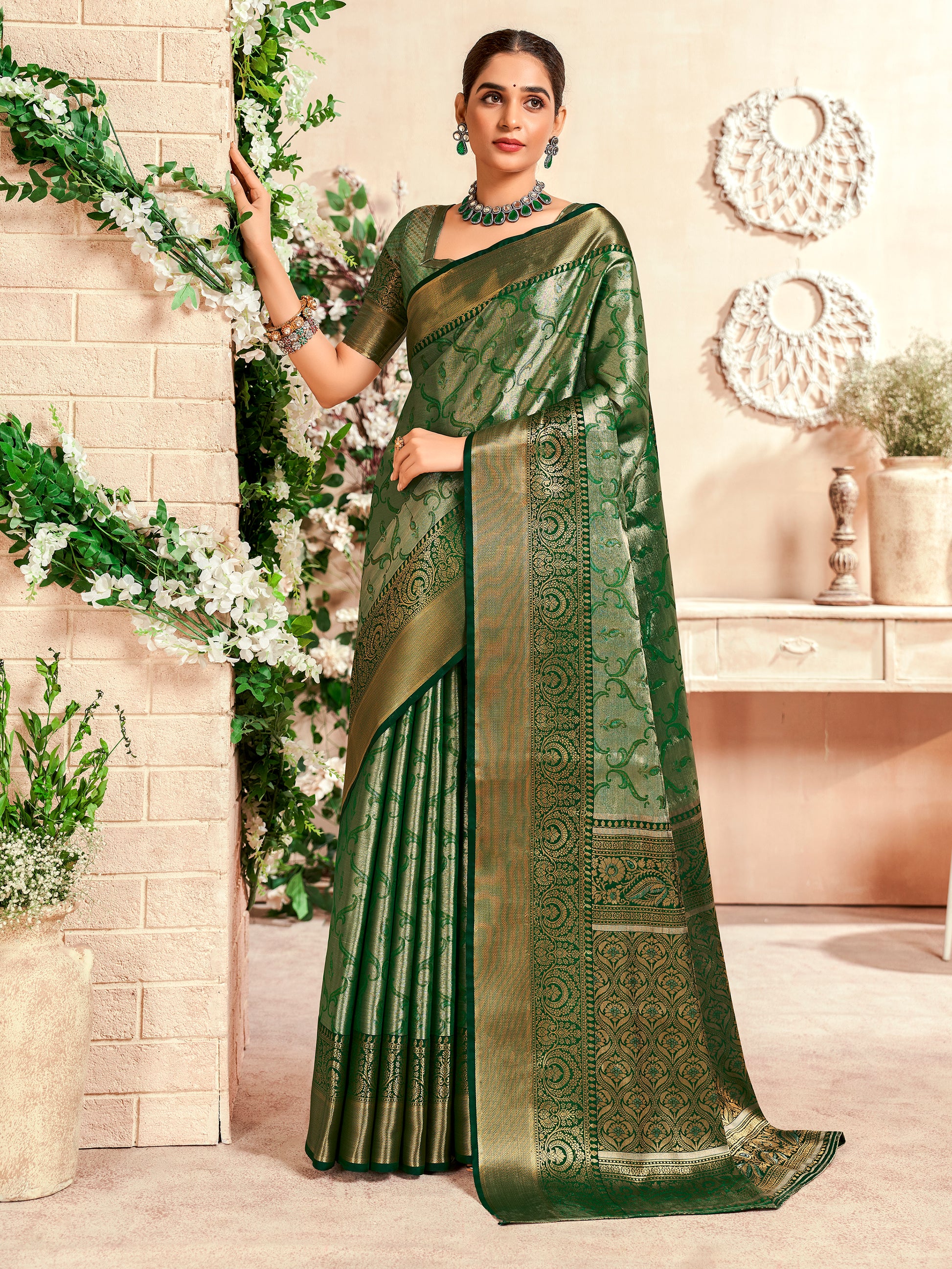 Mesmerizing Green Zari Weaving Silk Mehendi Wear Saree With Blouse