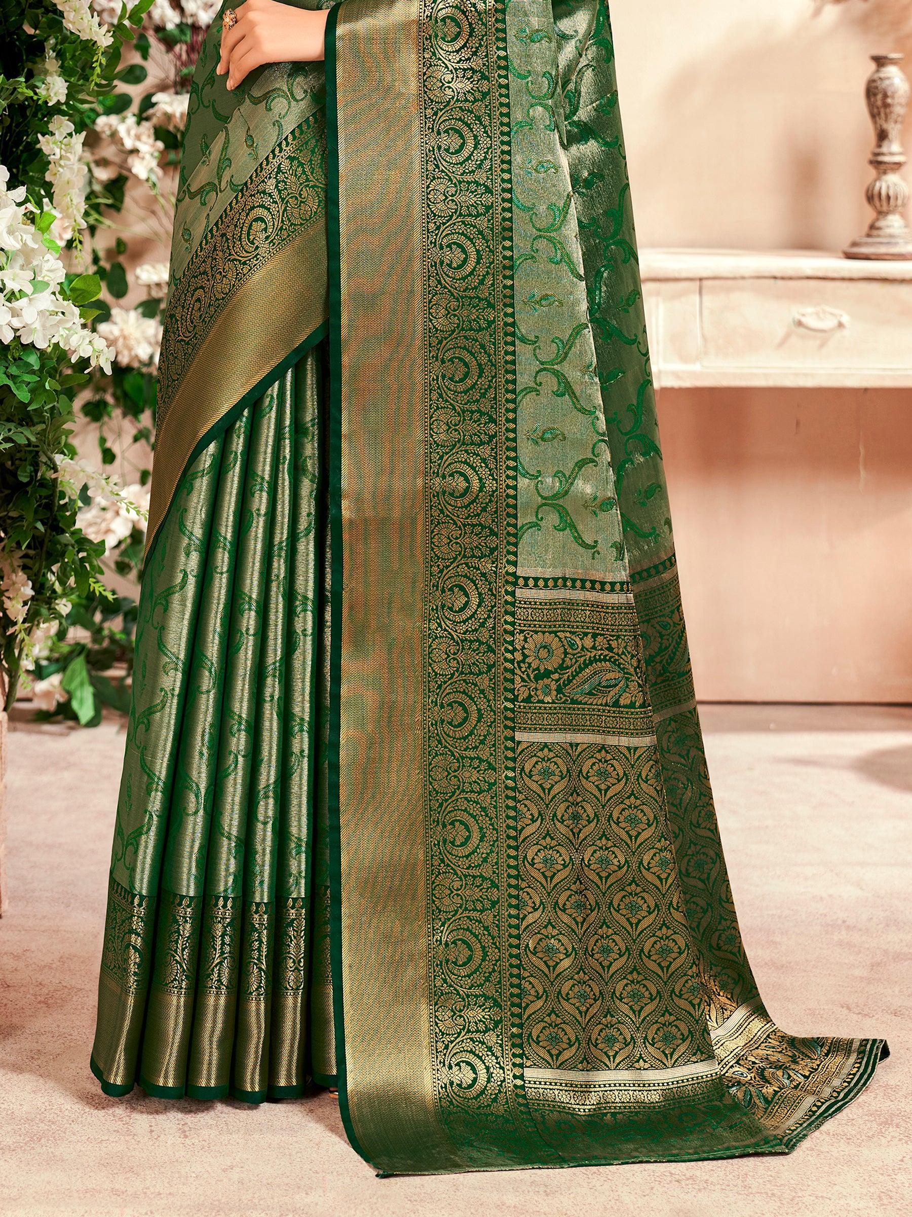 Mesmerizing Green Zari Weaving Silk Mehendi Wear Saree With Blouse