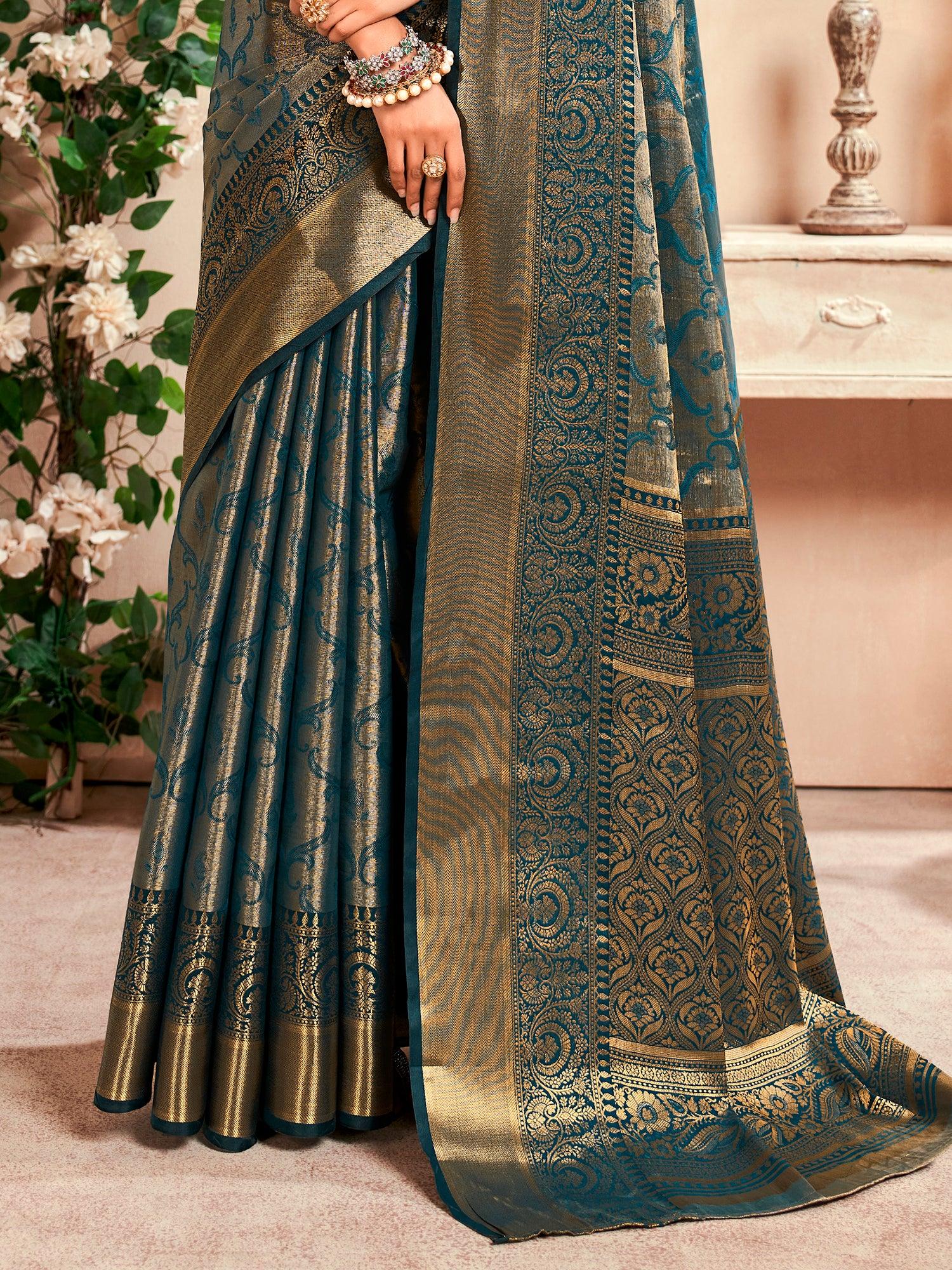 Bewitching Teal Blue Zari Weaving Silk Traditional Saree With Blouse