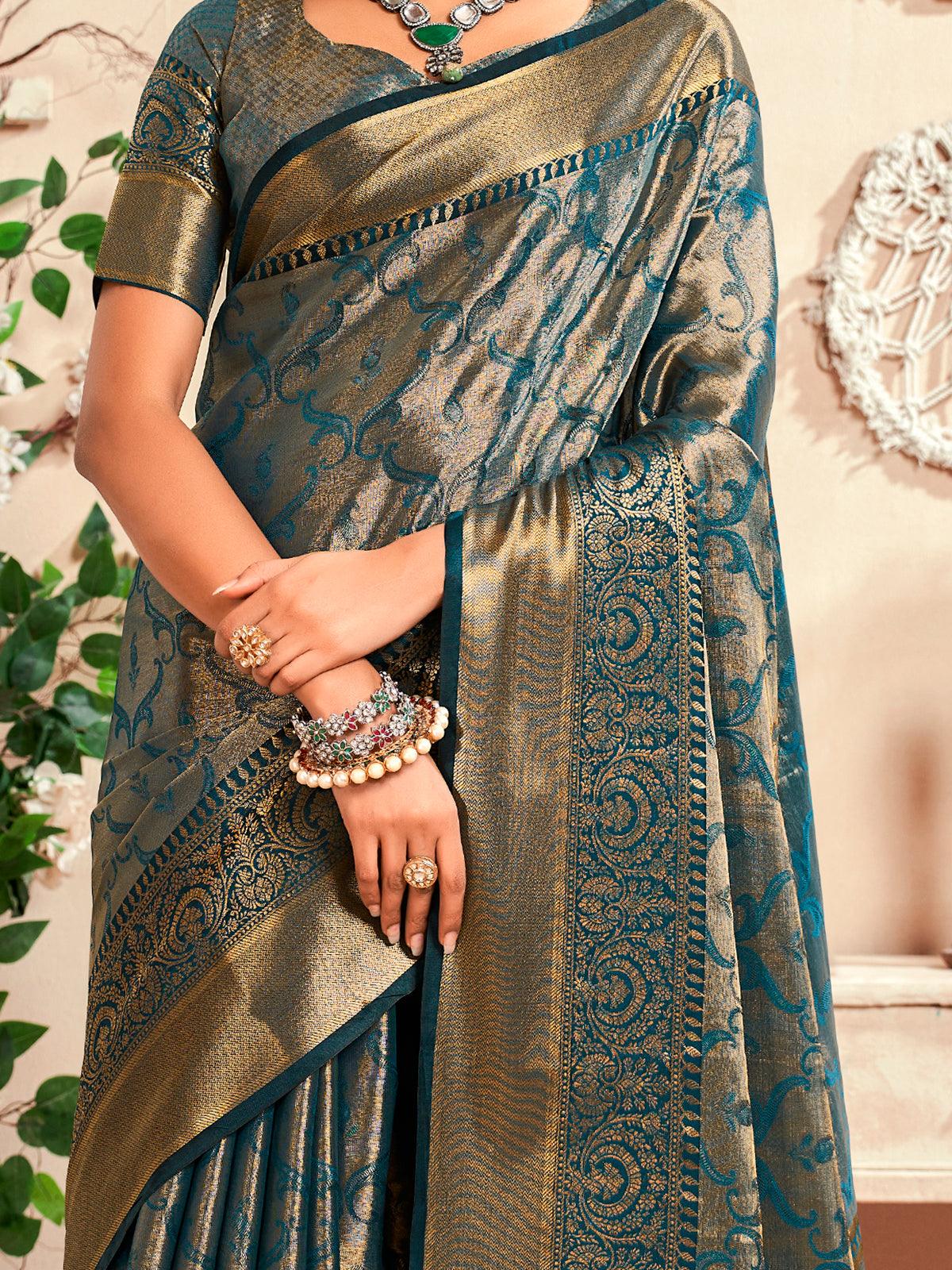 Bewitching Teal Blue Zari Weaving Silk Traditional Saree With Blouse