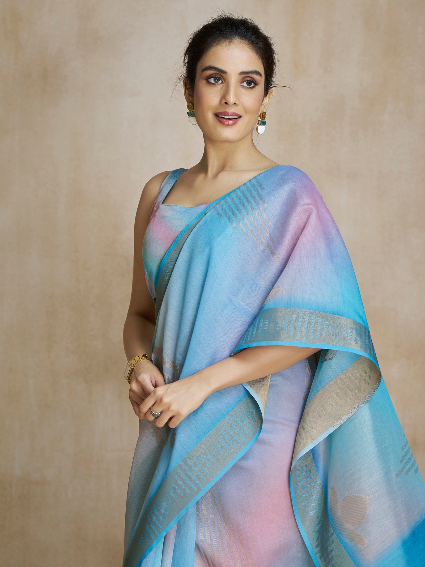Glamorous Sky Blue Digital Printed Silk Party Wear Saree With Blouse