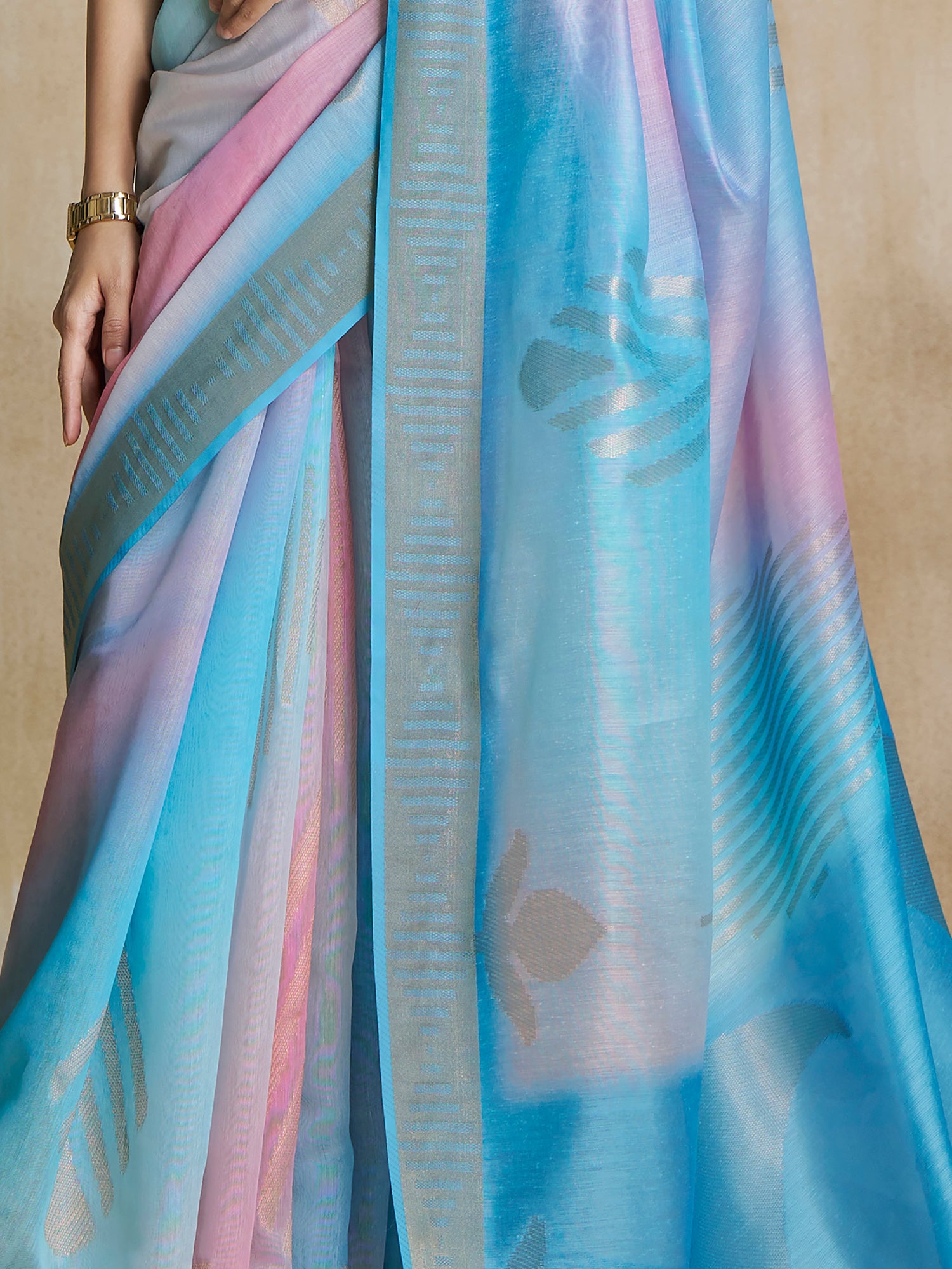 Glamorous Sky Blue Digital Printed Silk Party Wear Saree With Blouse