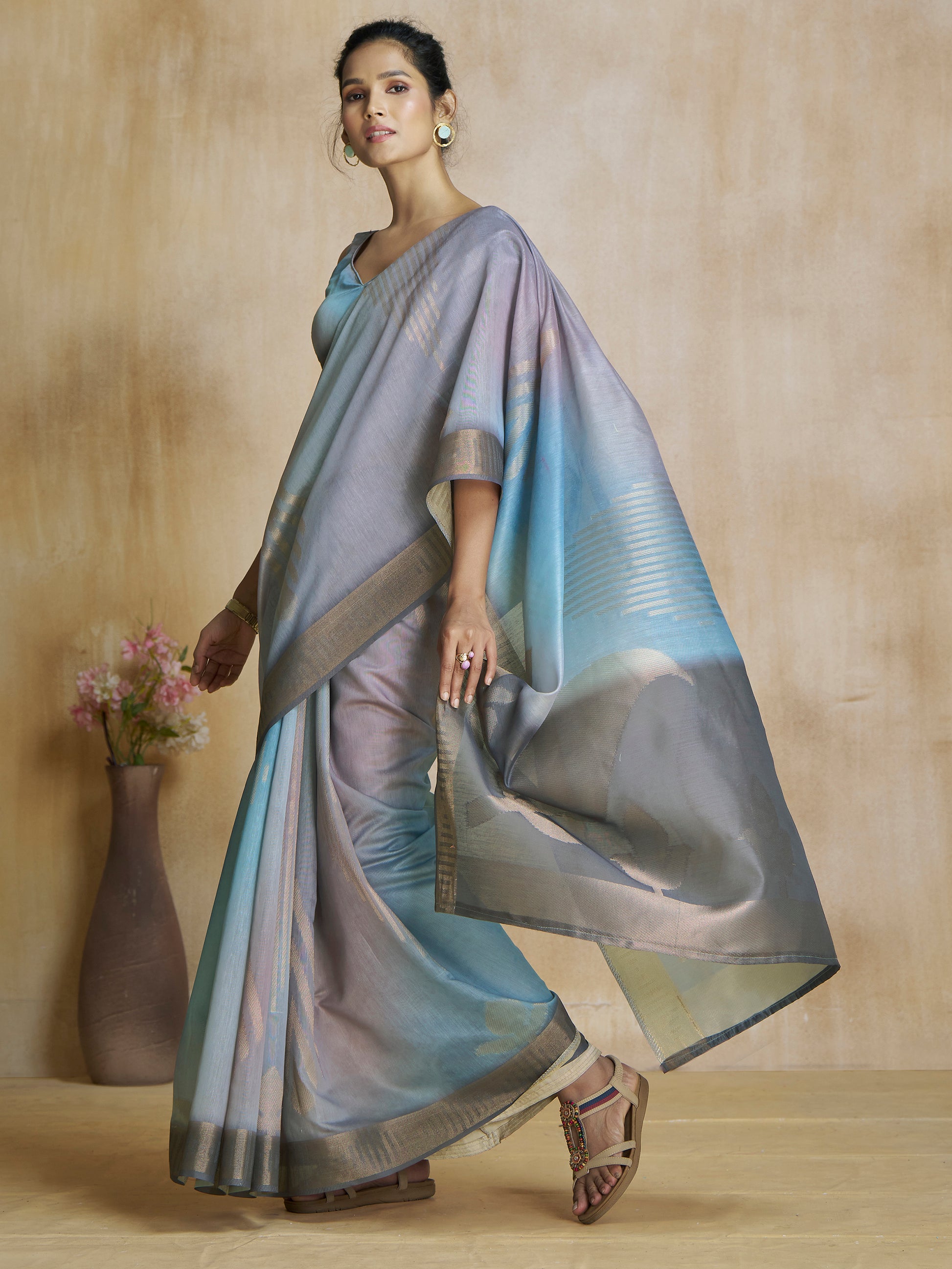 Charming Blue Digital Printed Silk Festival Wear Saree With Blouse
