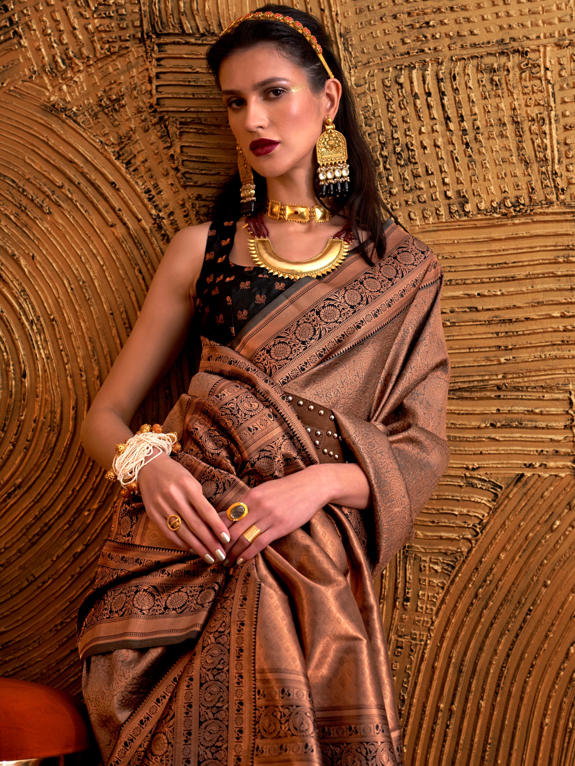 Captivating Brown Weaving Silk Function Wear Saree With Blouse