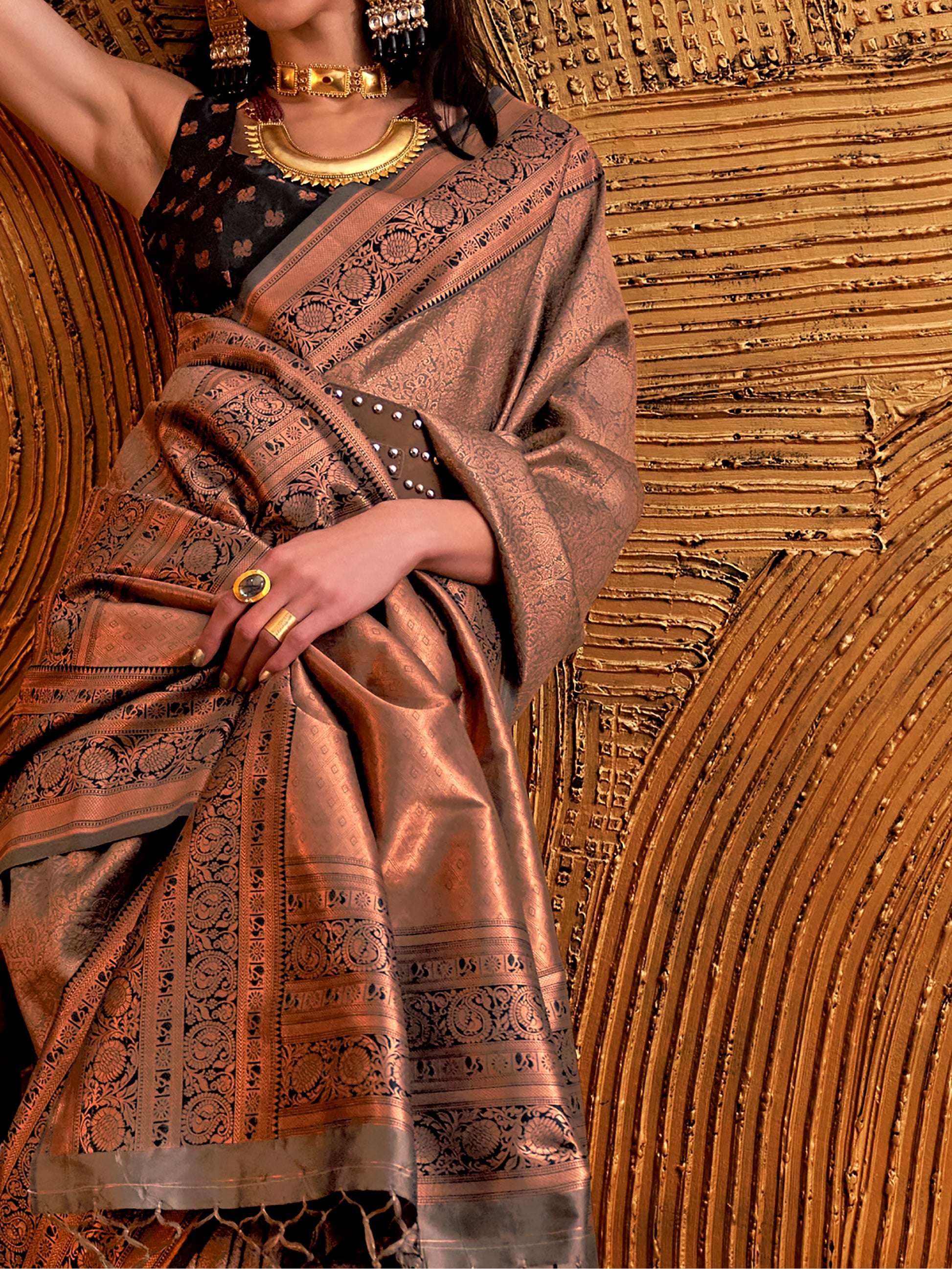 Captivating Brown Weaving Silk Function Wear Saree With Blouse