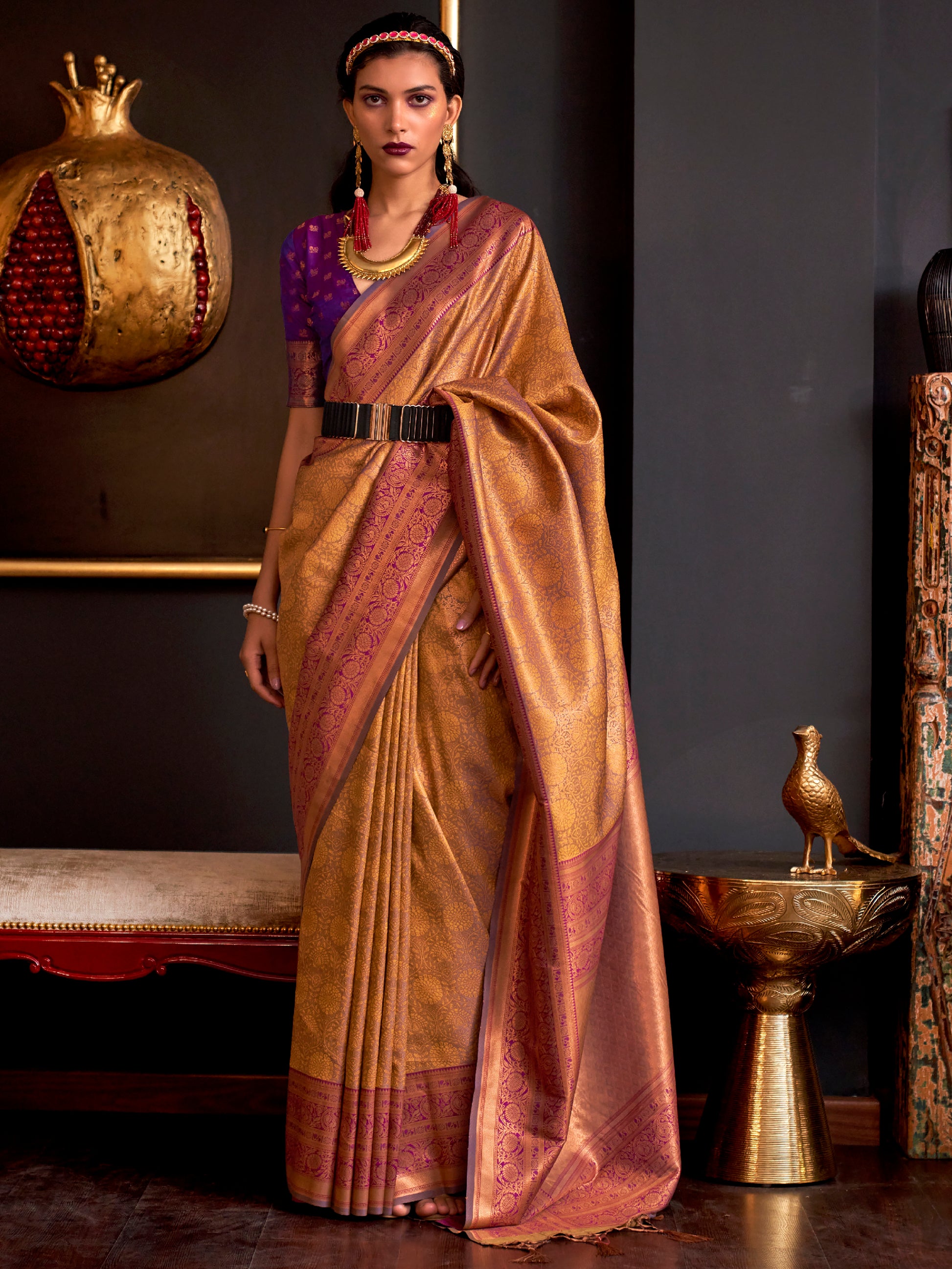 Pretty Mustard Yellow Weaving Silk Wedding Wear Saree With Blouse