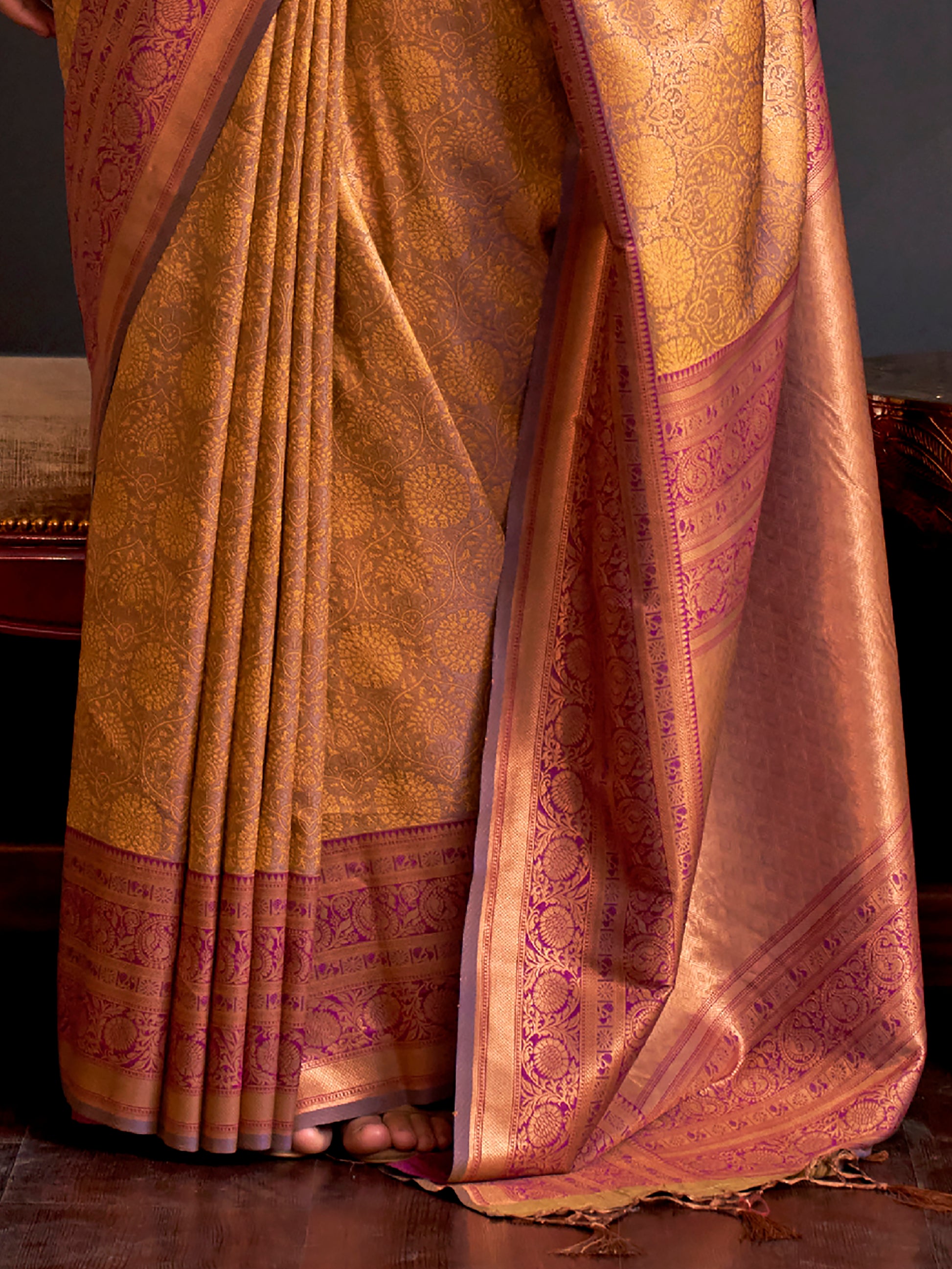Pretty Mustard Yellow Weaving Silk Wedding Wear Saree With Blouse