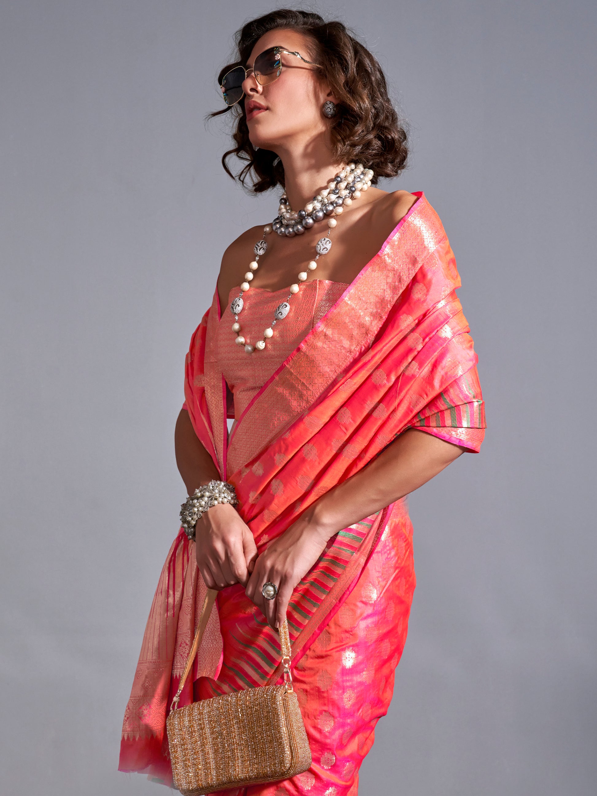 Lovely Coral Red Zari Weaving Silk Function Wear Saree With Blouse