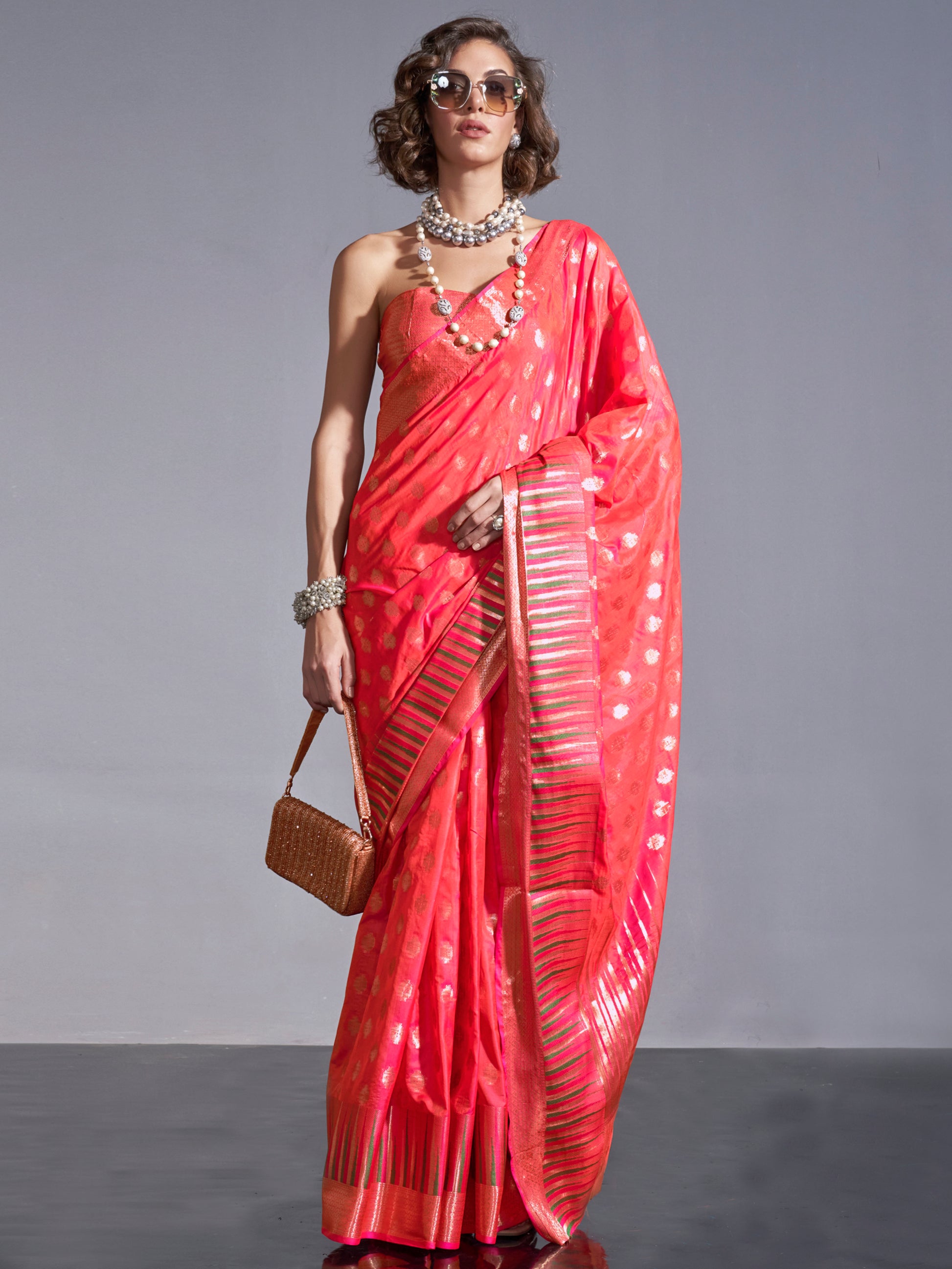 Lovely Coral Red Zari Weaving Silk Function Wear Saree With Blouse
