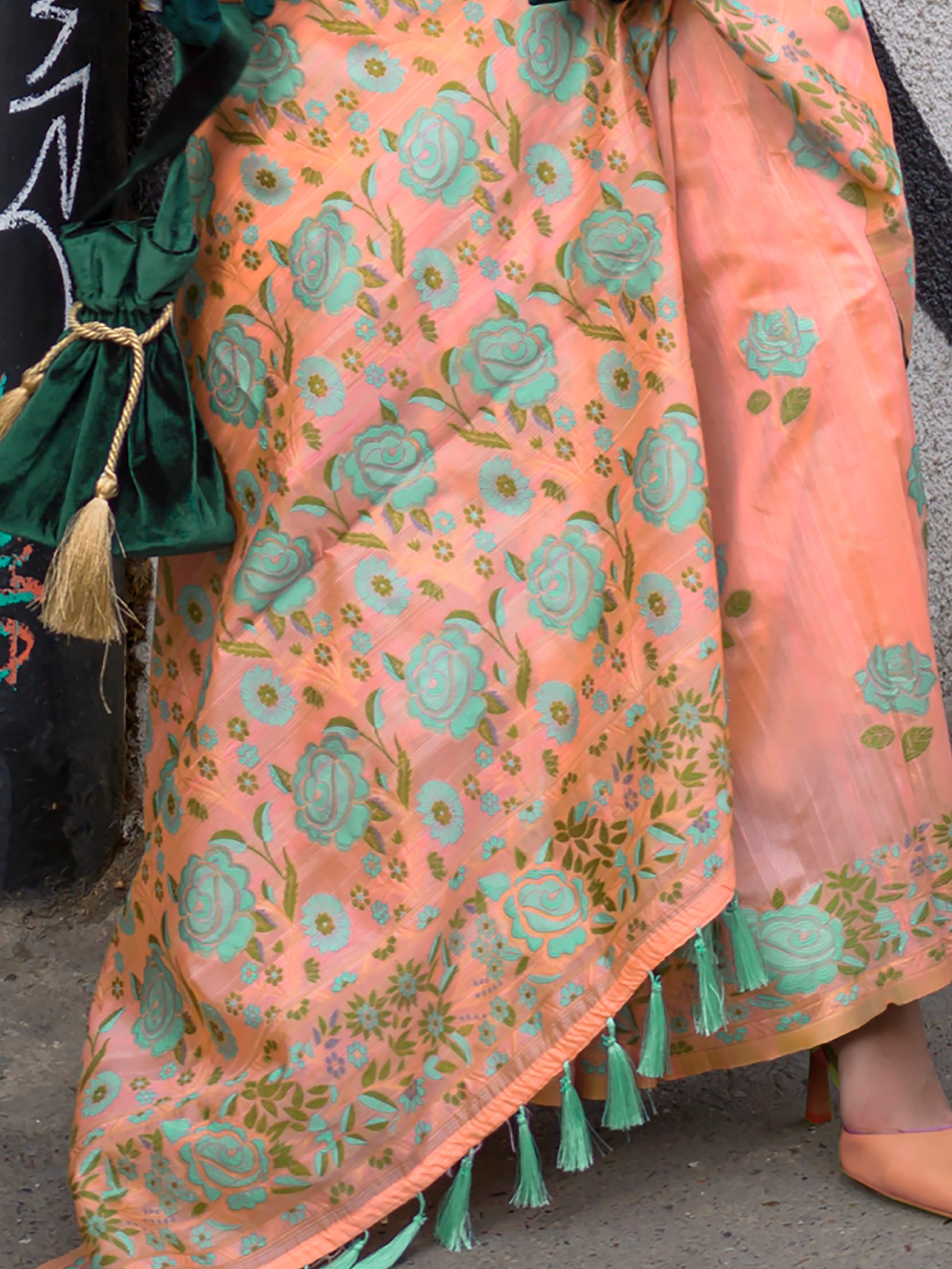 Exquisite Peach Floral Printed Silk Events Wear Saree With Blouse