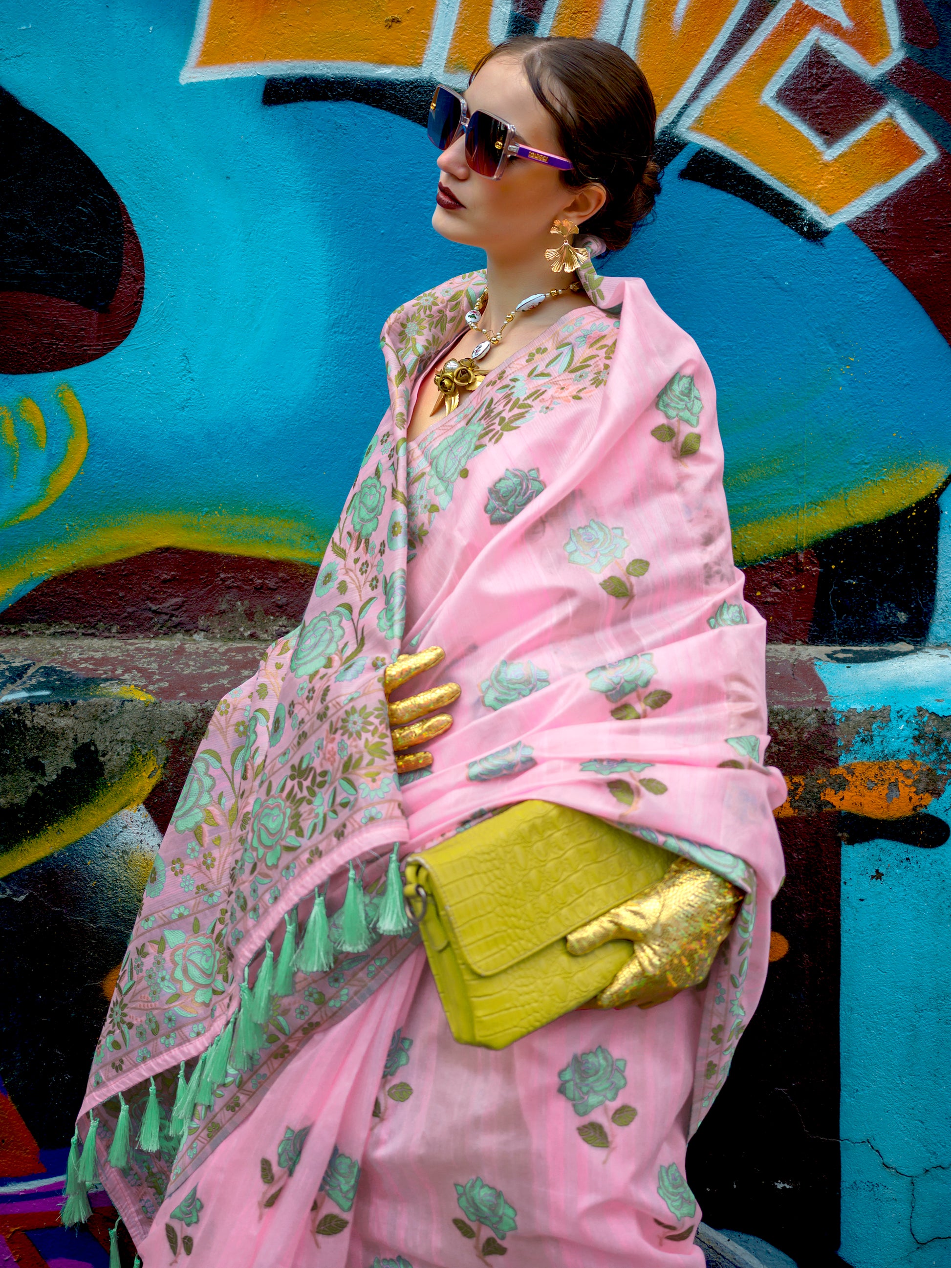 Pretty Pink Floral Printed Silk Occasions Wear Saree With Blouse