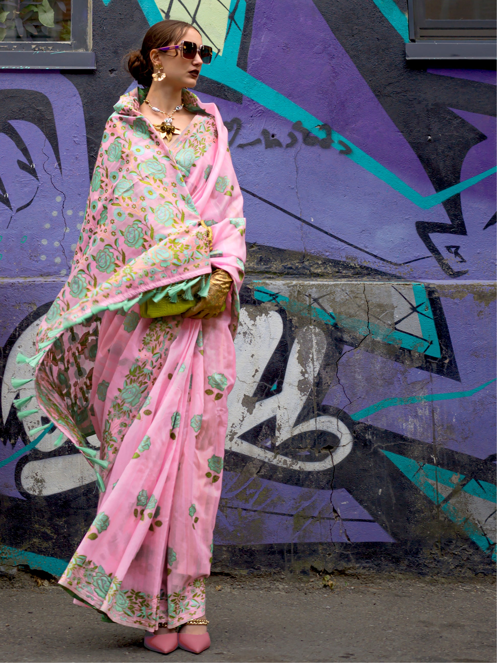 Pretty Pink Floral Printed Silk Occasions Wear Saree With Blouse