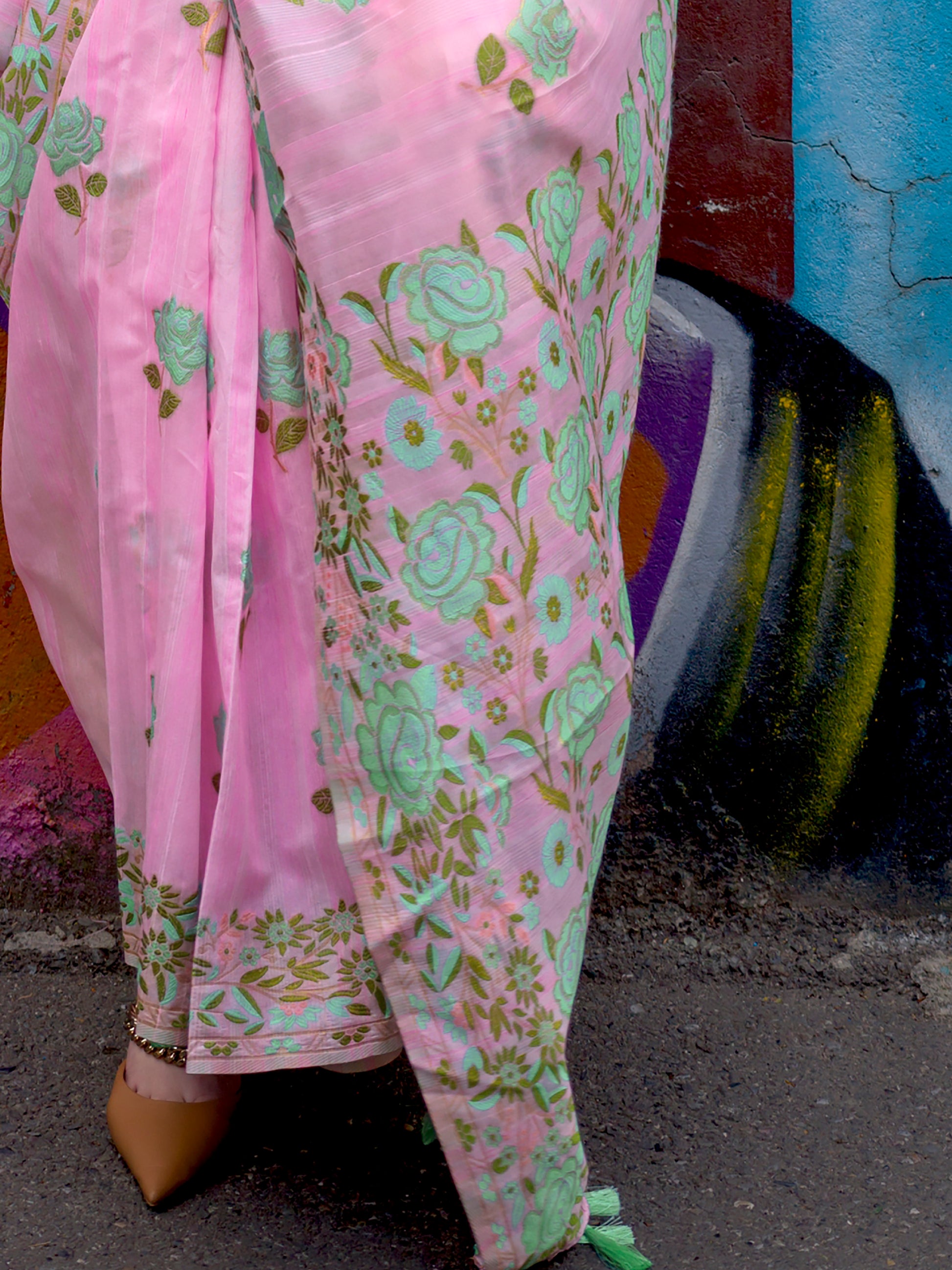 Pretty Pink Floral Printed Silk Occasions Wear Saree With Blouse