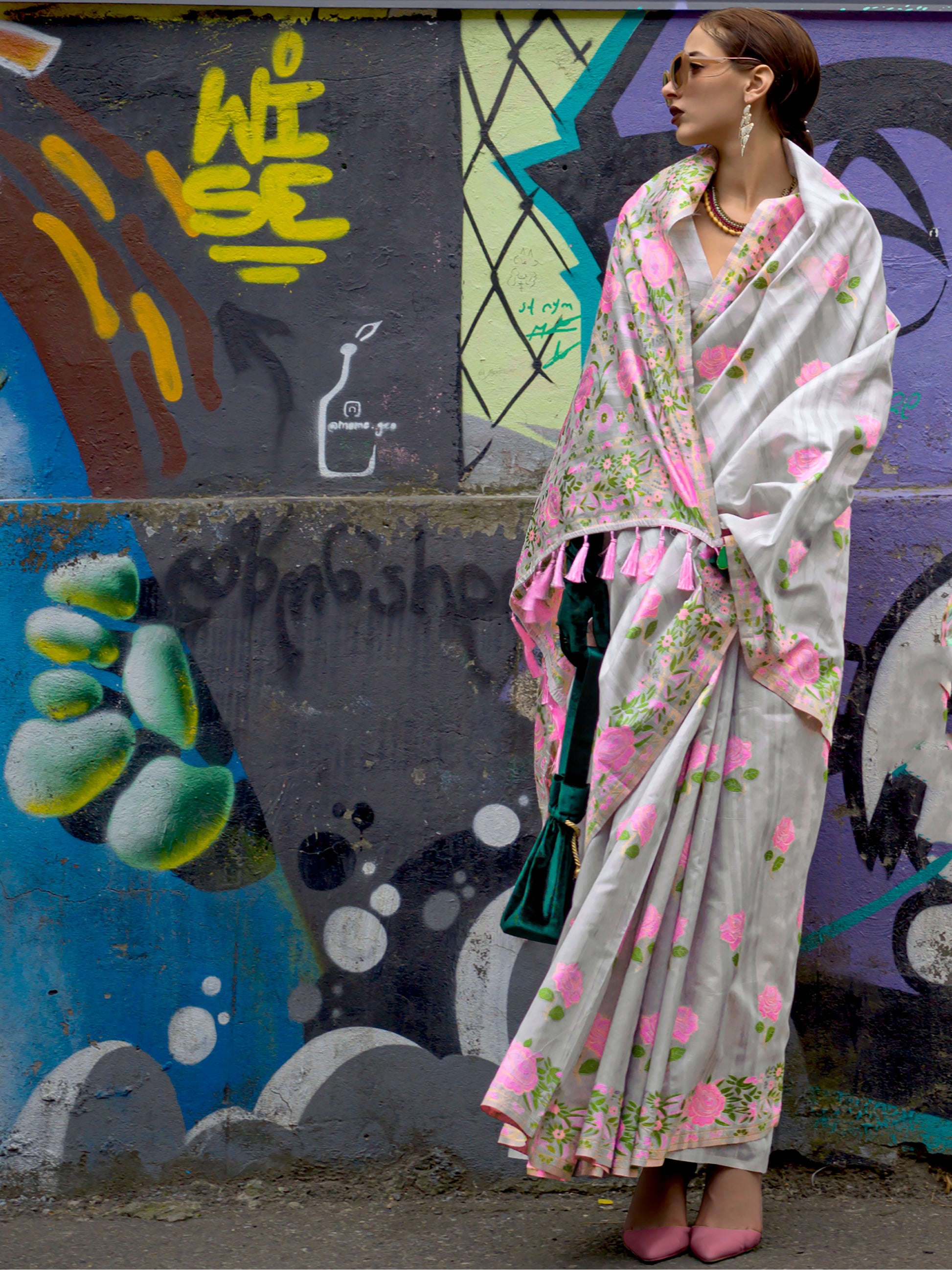 Pretty Pink Floral Printed Silk Occasions Wear Saree With Blouse
