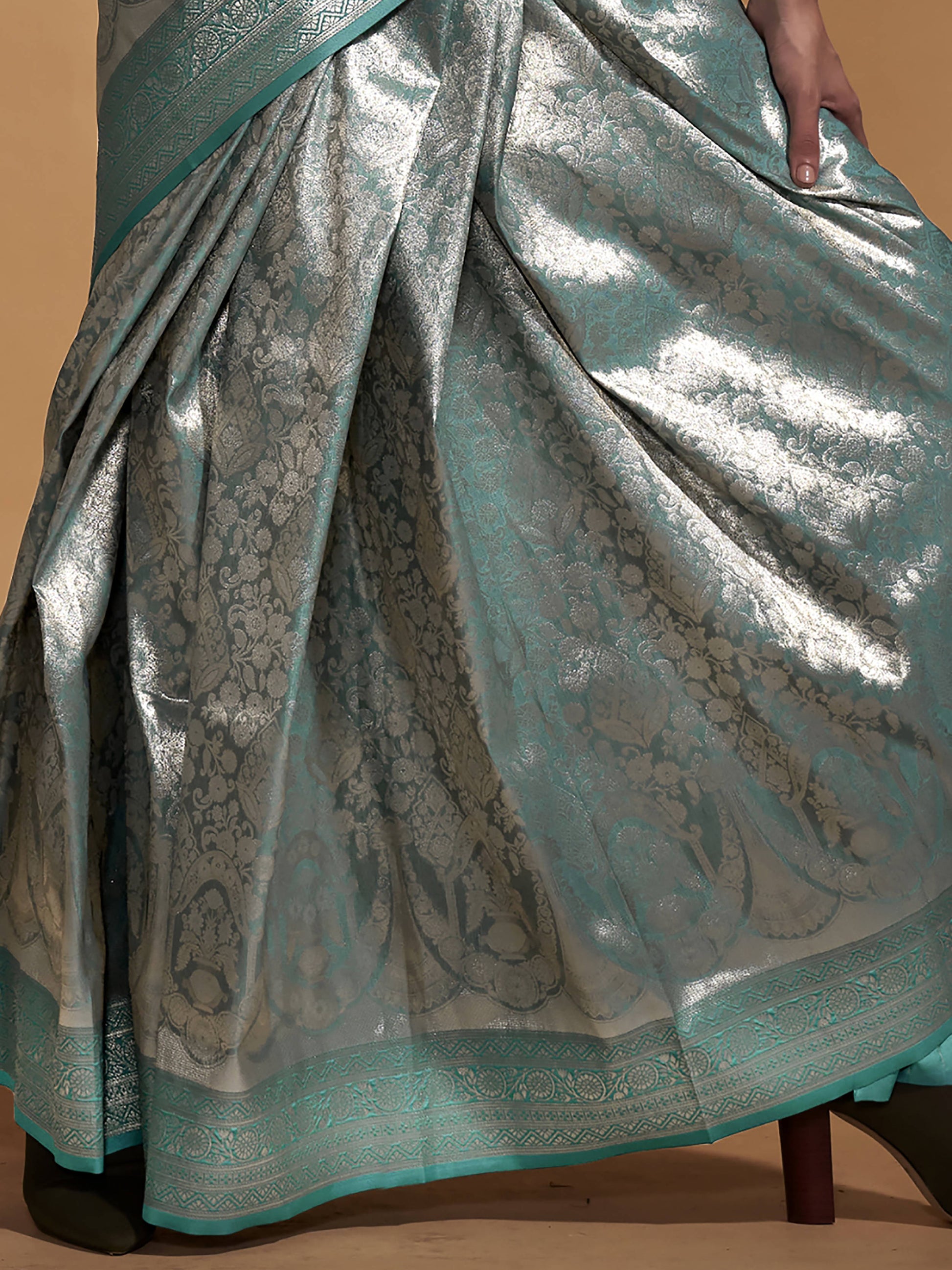 Lovely Turquoise Zari Woven Silk Party Wear Saree With Blouse