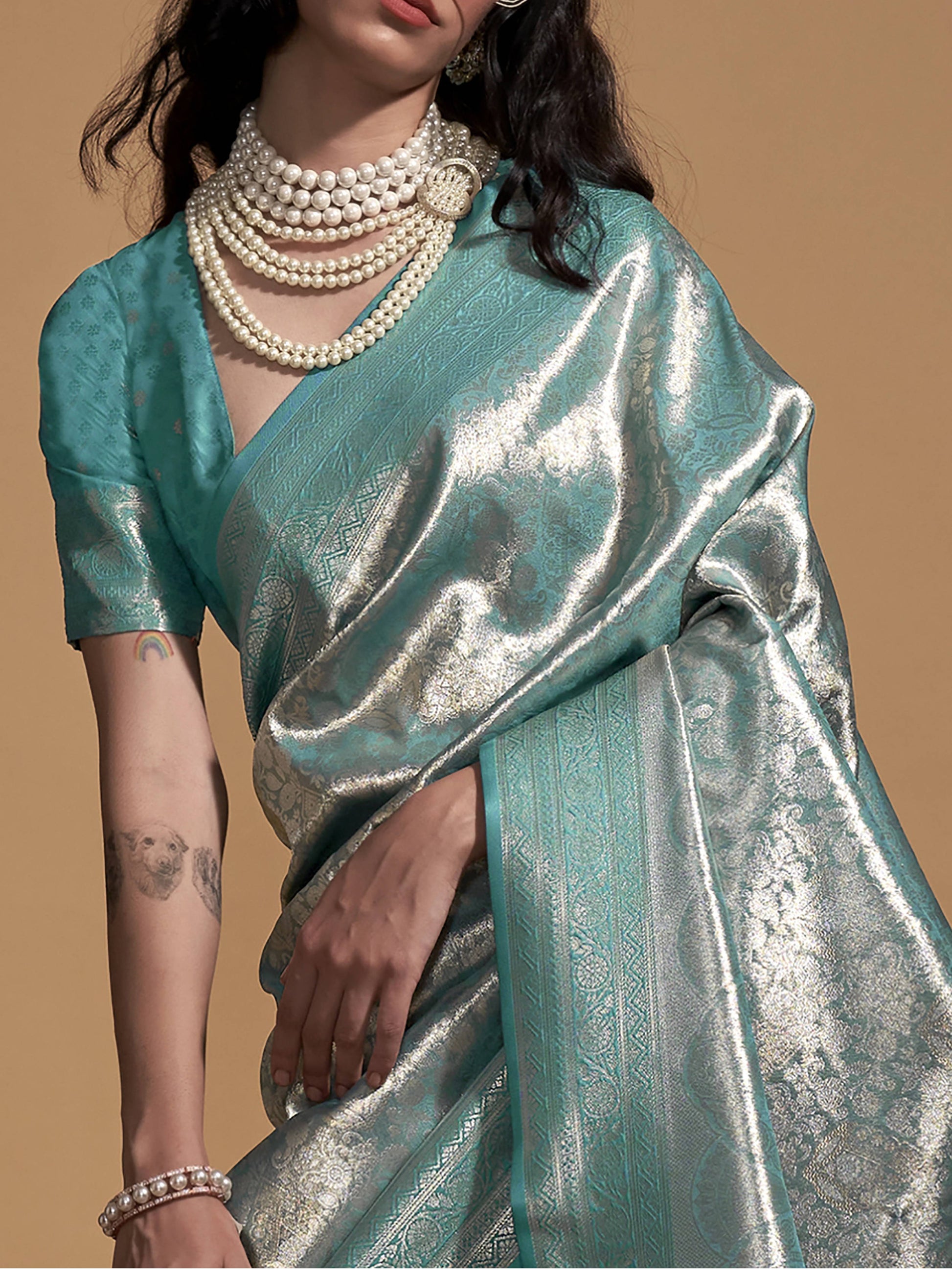 Lovely Turquoise Zari Woven Silk Party Wear Saree With Blouse