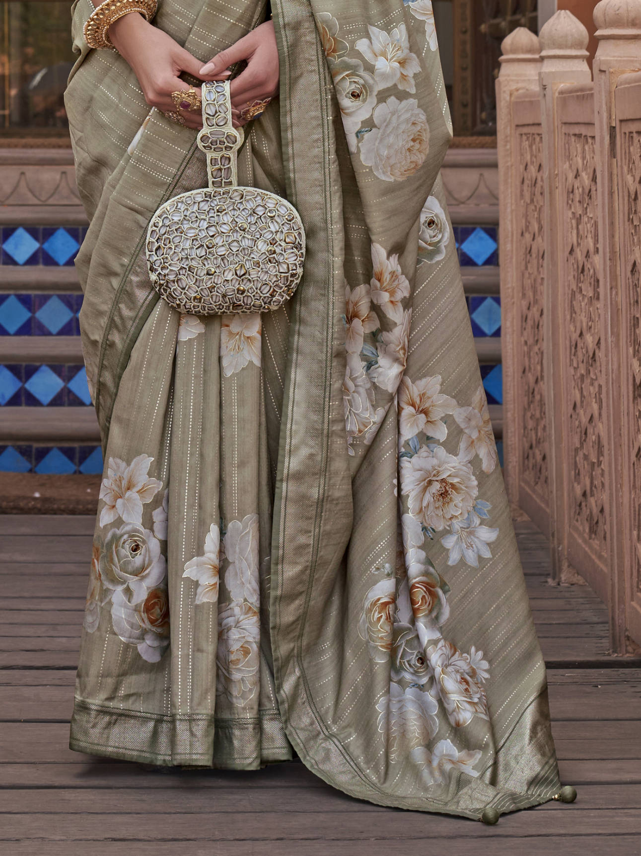 Fancified Green Floral Printed Party Wear Silk Saree With Blouse