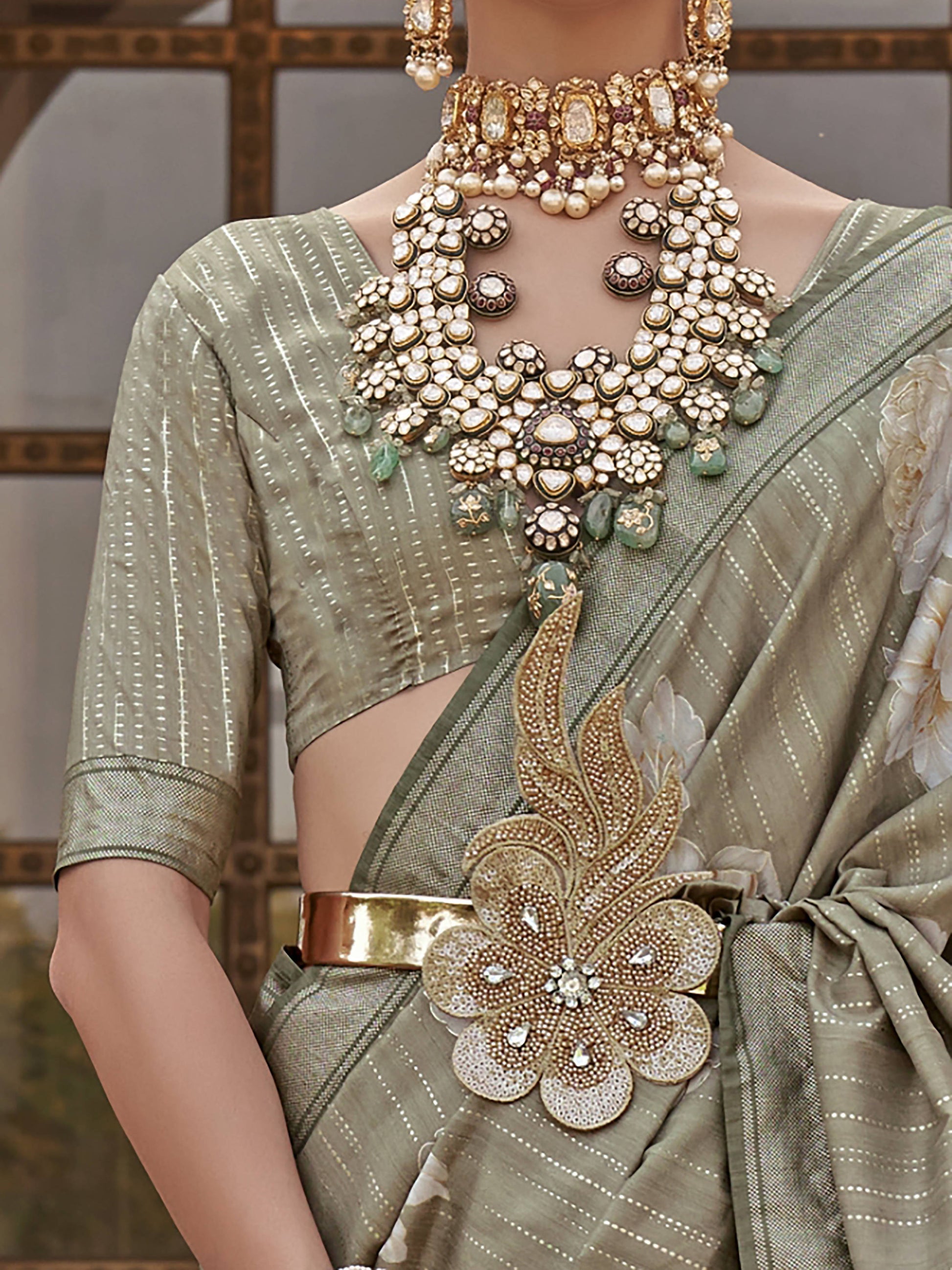 Fancified Green Floral Printed Party Wear Silk Saree With Blouse