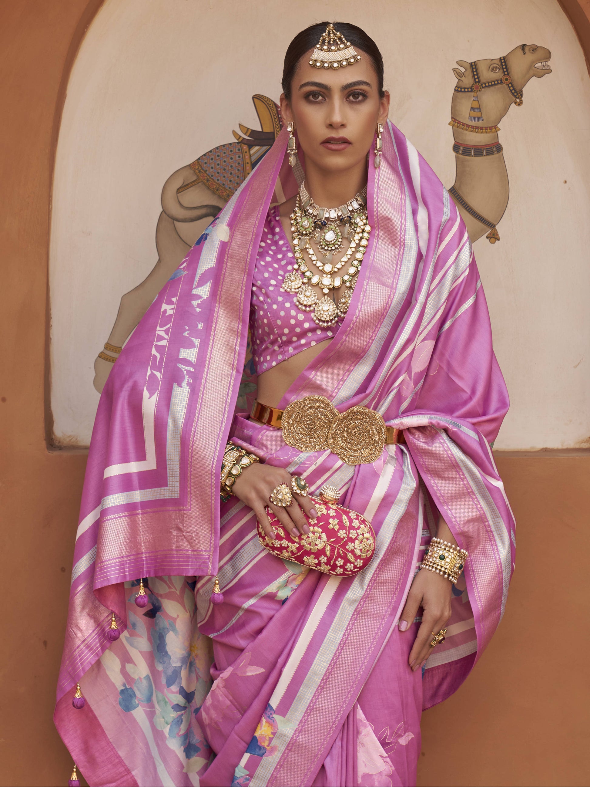 Wonderful Pink Floral Print Silk Engagement Wear Saree With Blouse