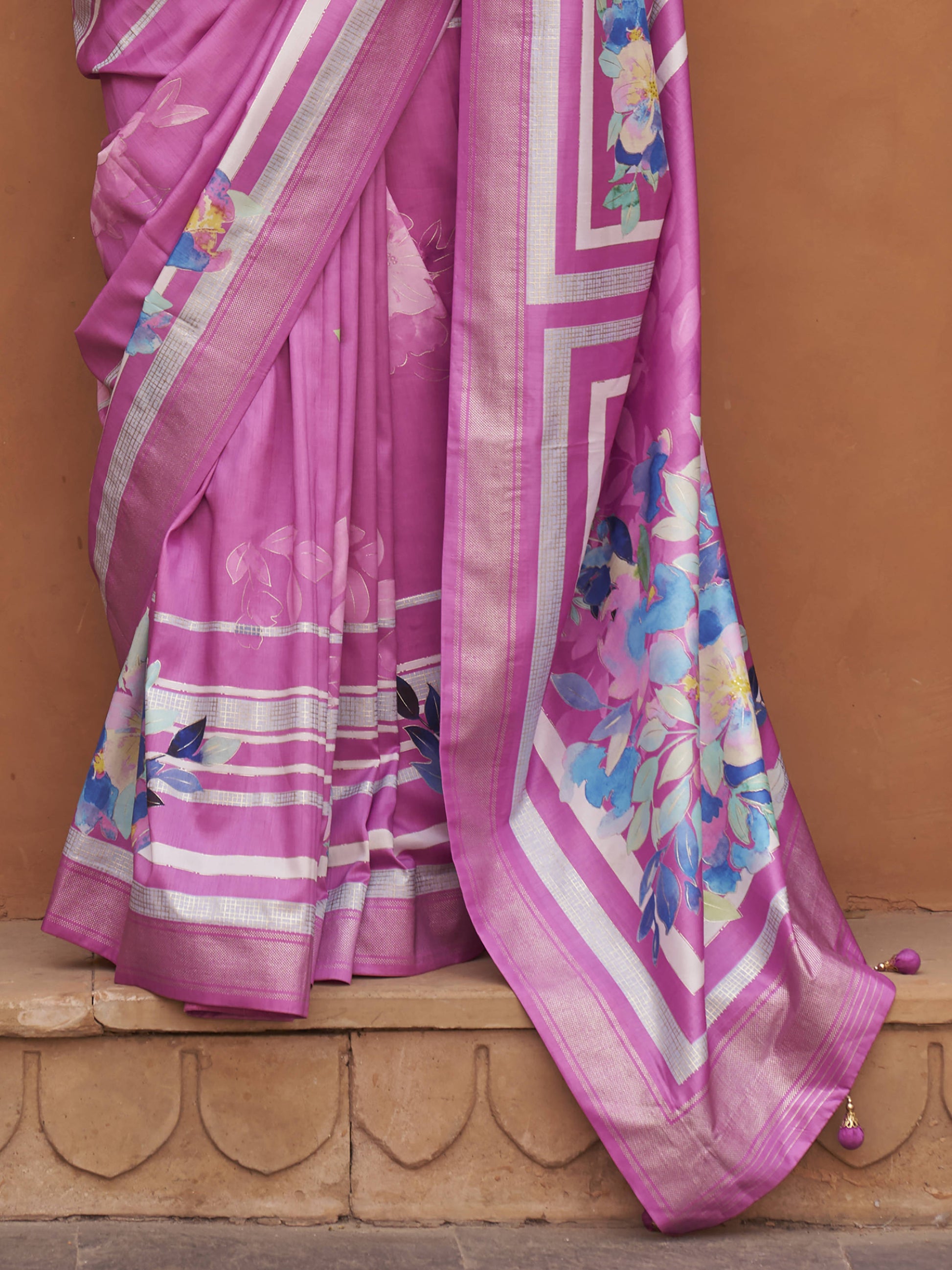 Wonderful Pink Floral Print Silk Engagement Wear Saree With Blouse