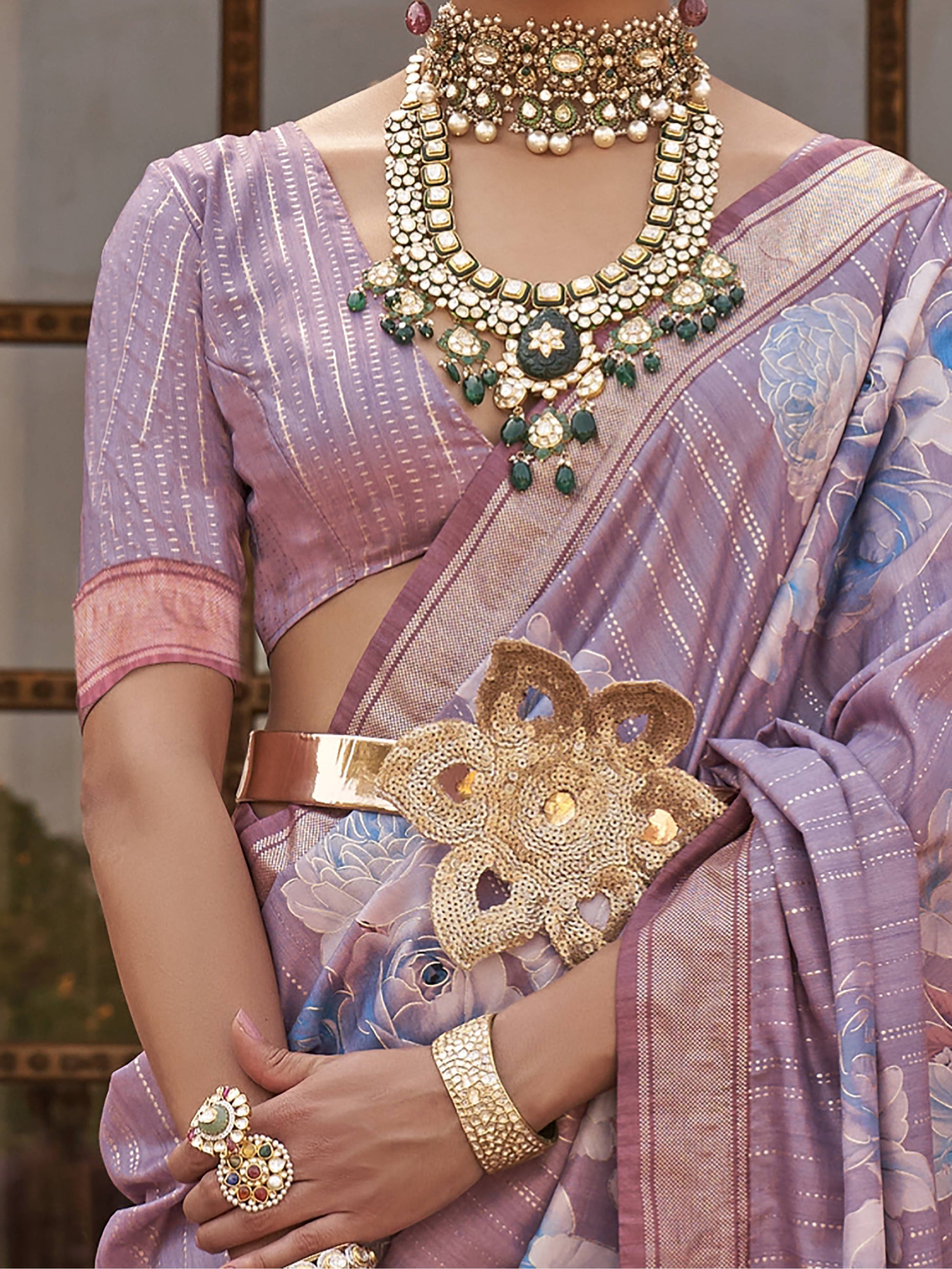 Astonishing Lavender Floral Printed Silk Saree With Blouse