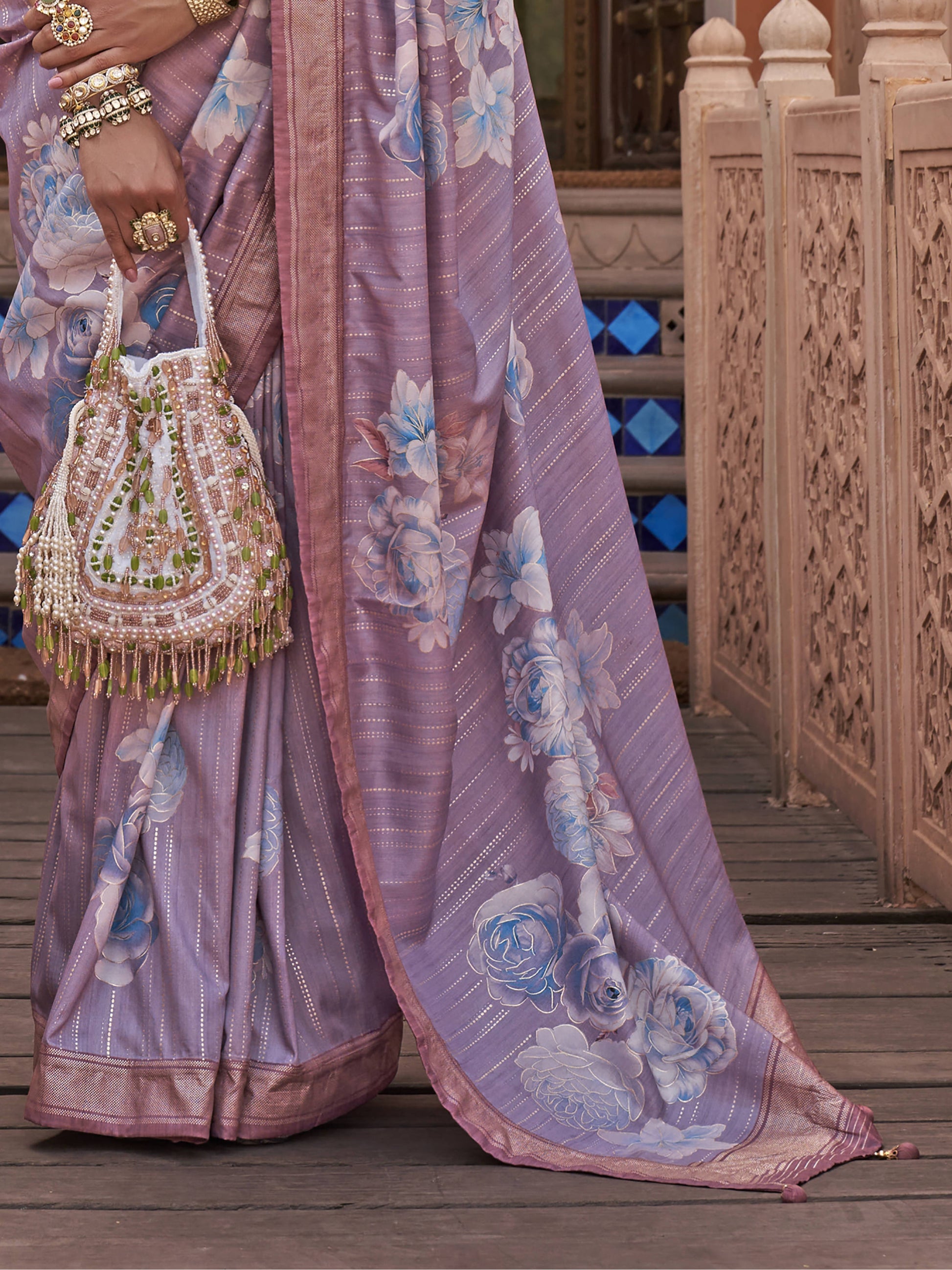 Astonishing Lavender Floral Printed Silk Saree With Blouse