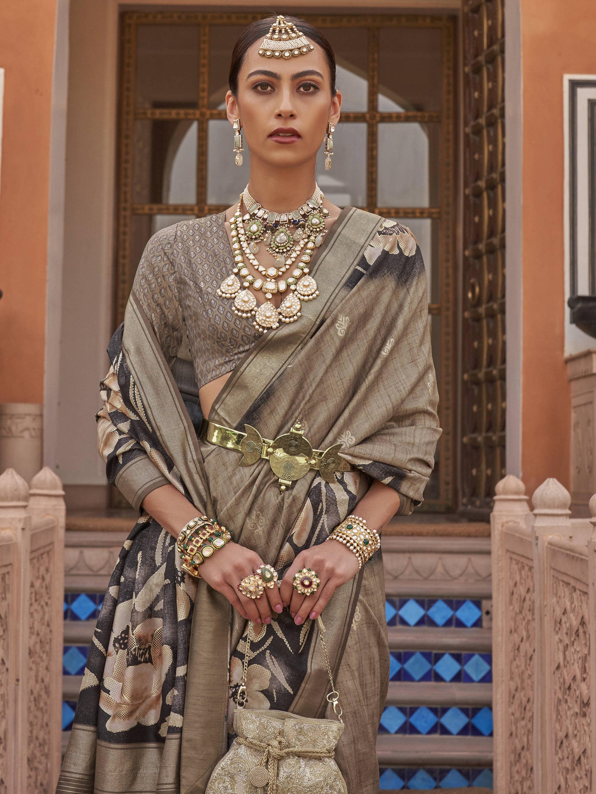 Attractive Brown Floral Print Silk Party Wear Saree With Blouse