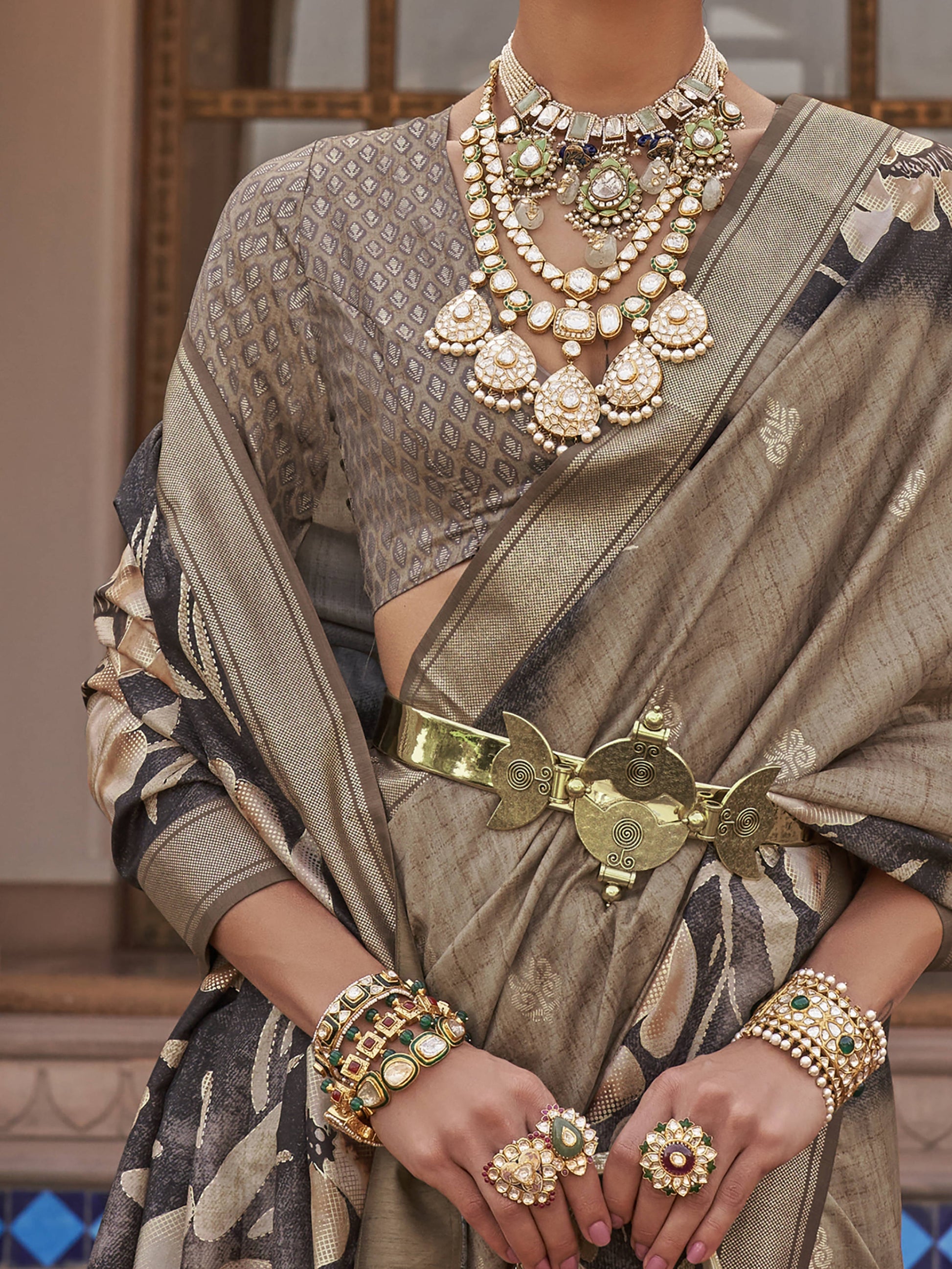 Attractive Brown Floral Print Silk Party Wear Saree With Blouse