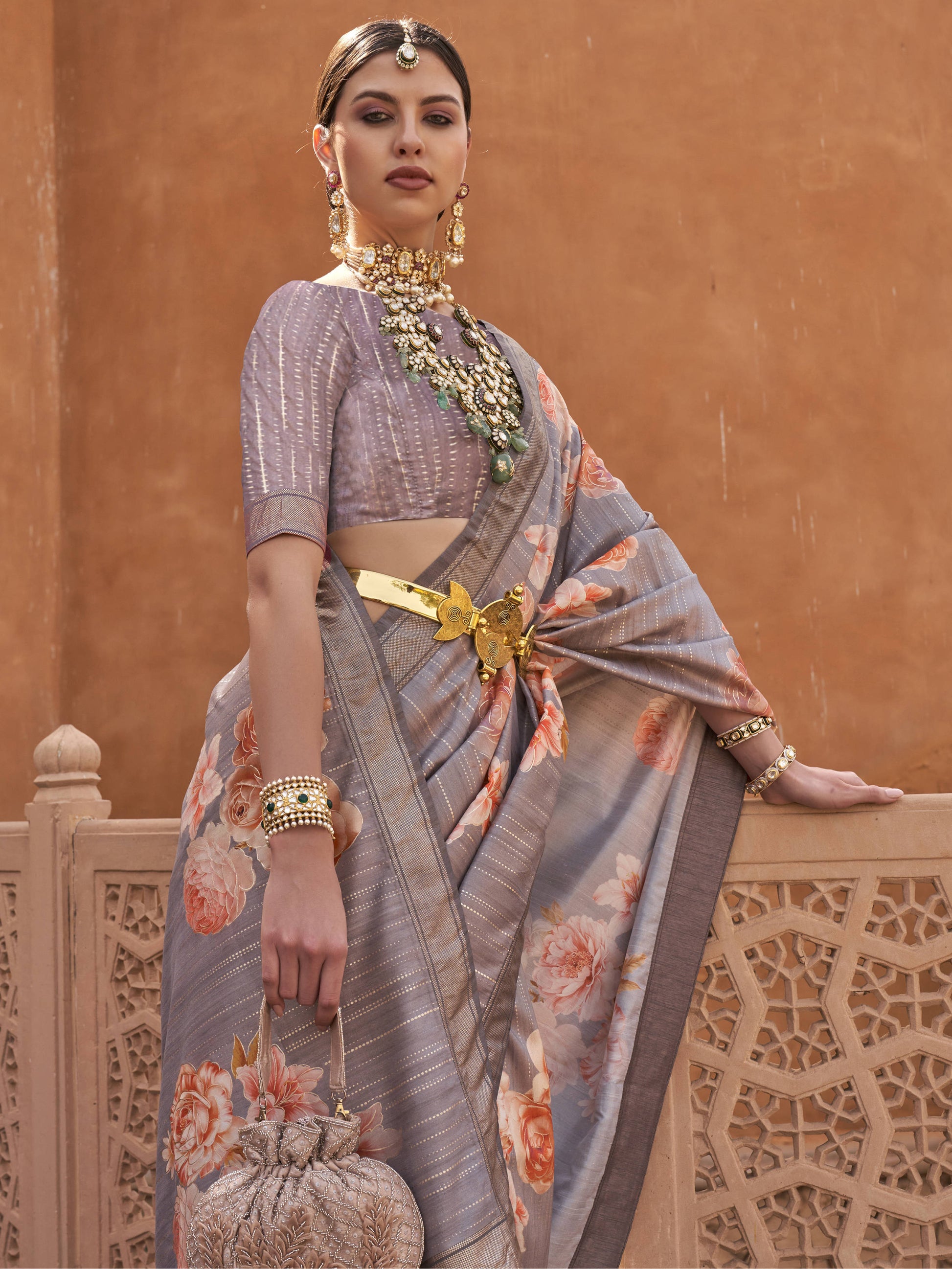 Beautiful Grey Floral Printed Silk Party Wear Saree With Blouse