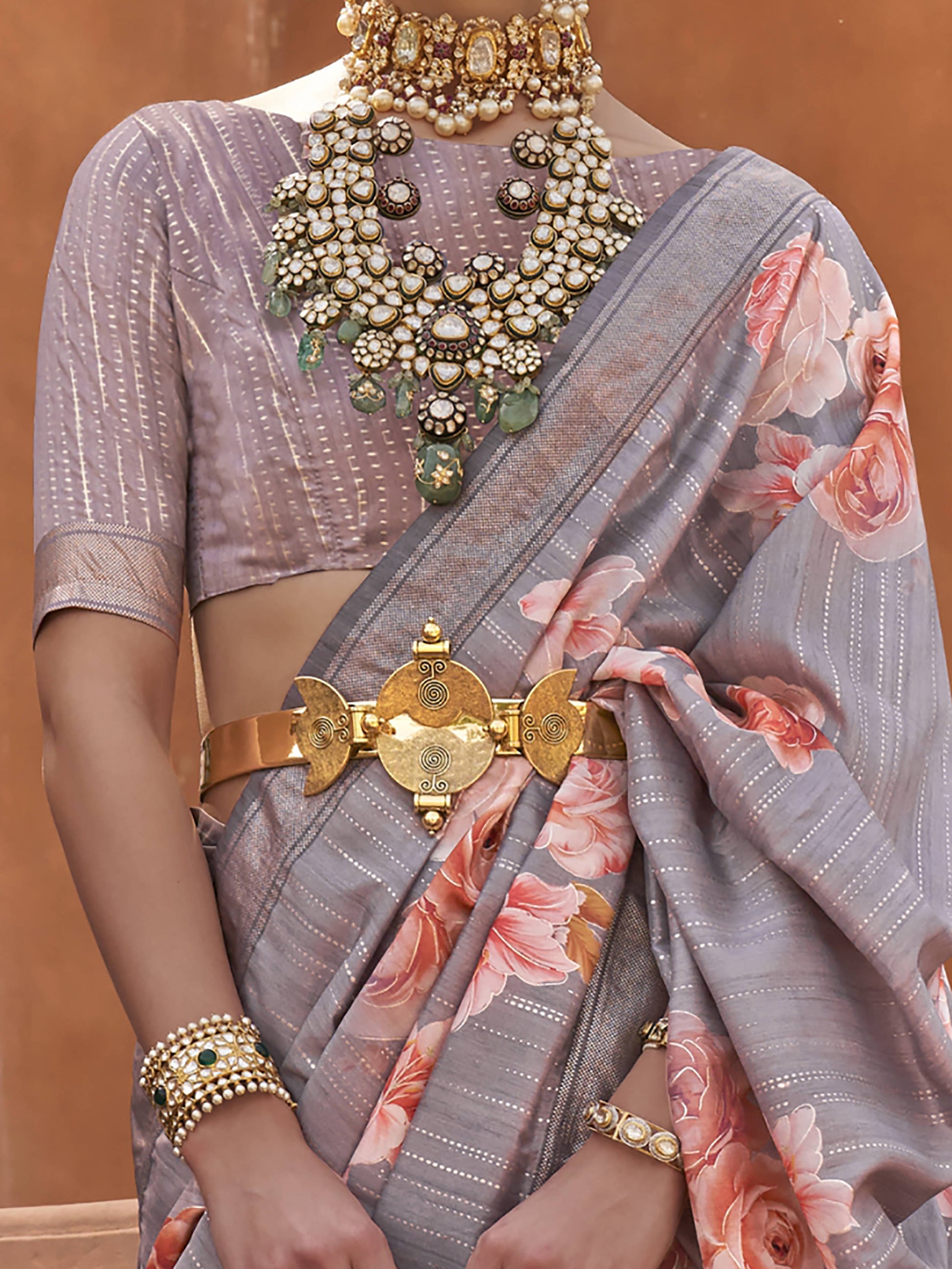 Beautiful Grey Floral Printed Silk Party Wear Saree With Blouse