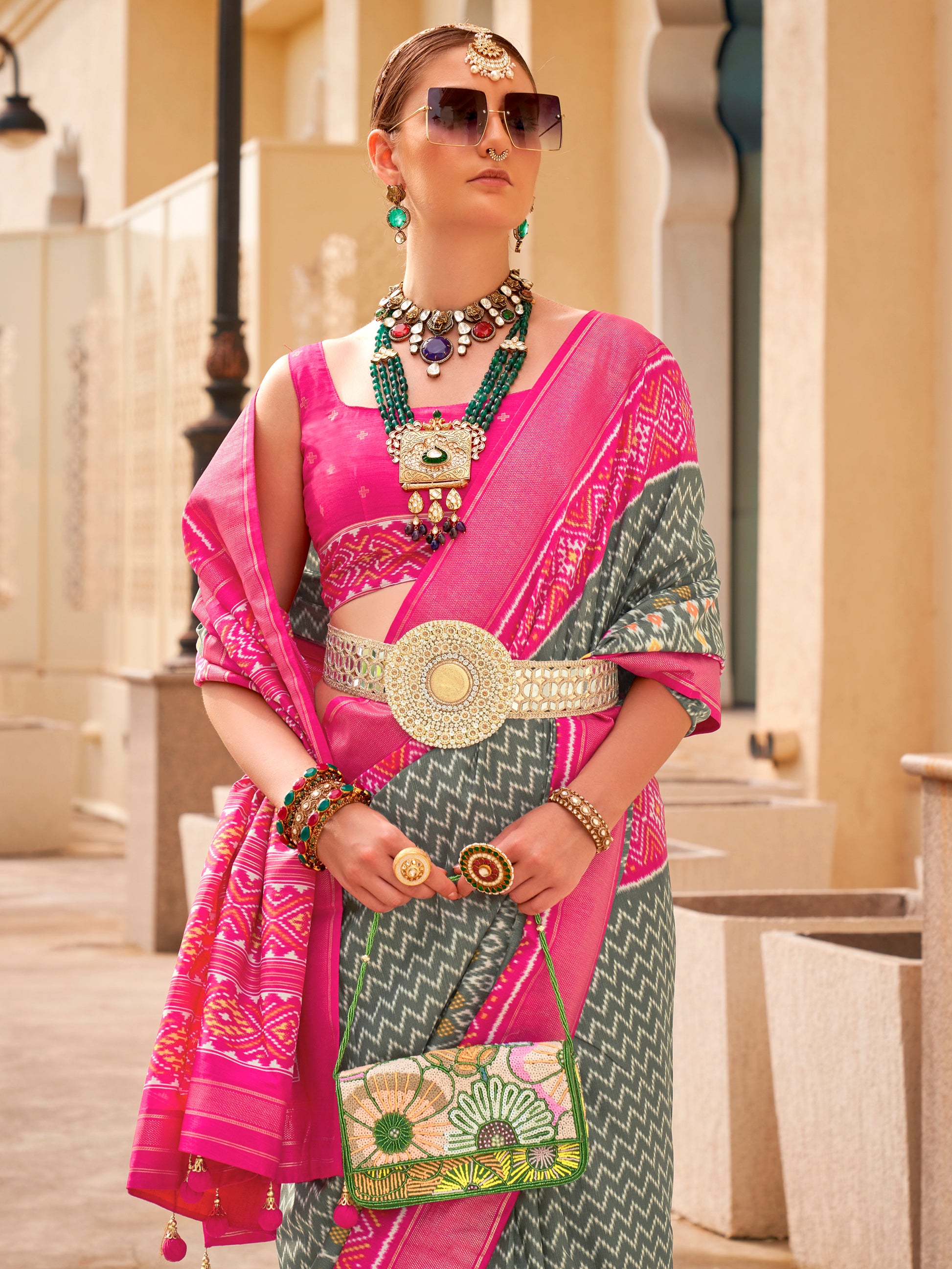Outstanding Grey Digital Printed Silk Party Wear Saree With Blouse