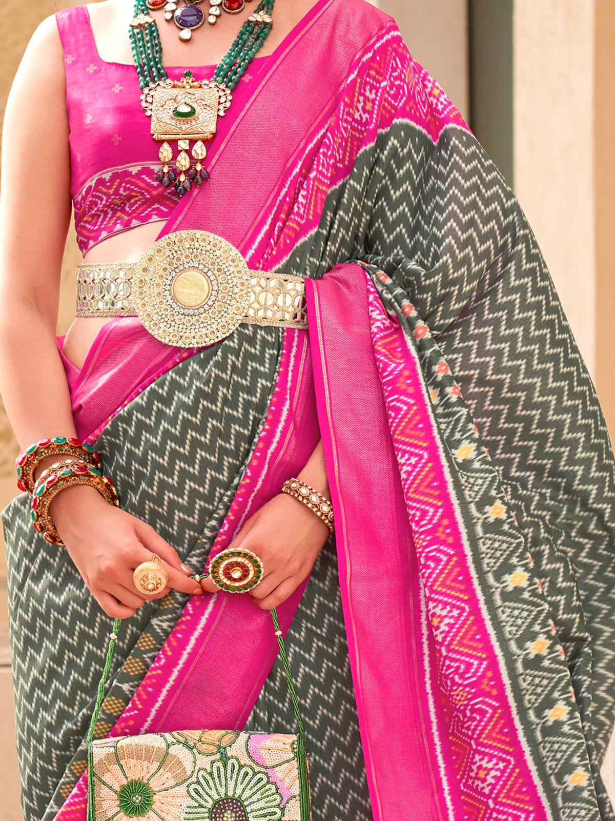 Outstanding Grey Digital Printed Silk Party Wear Saree With Blouse