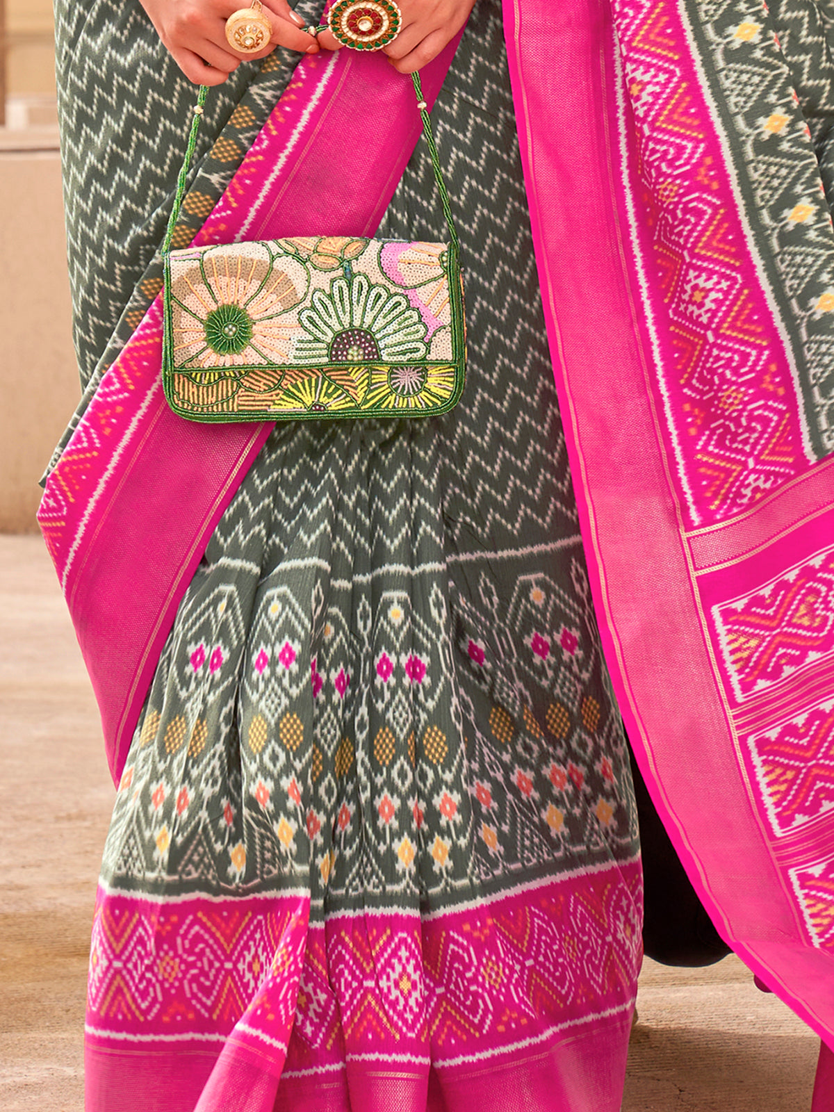 Outstanding Grey Digital Printed Silk Party Wear Saree With Blouse