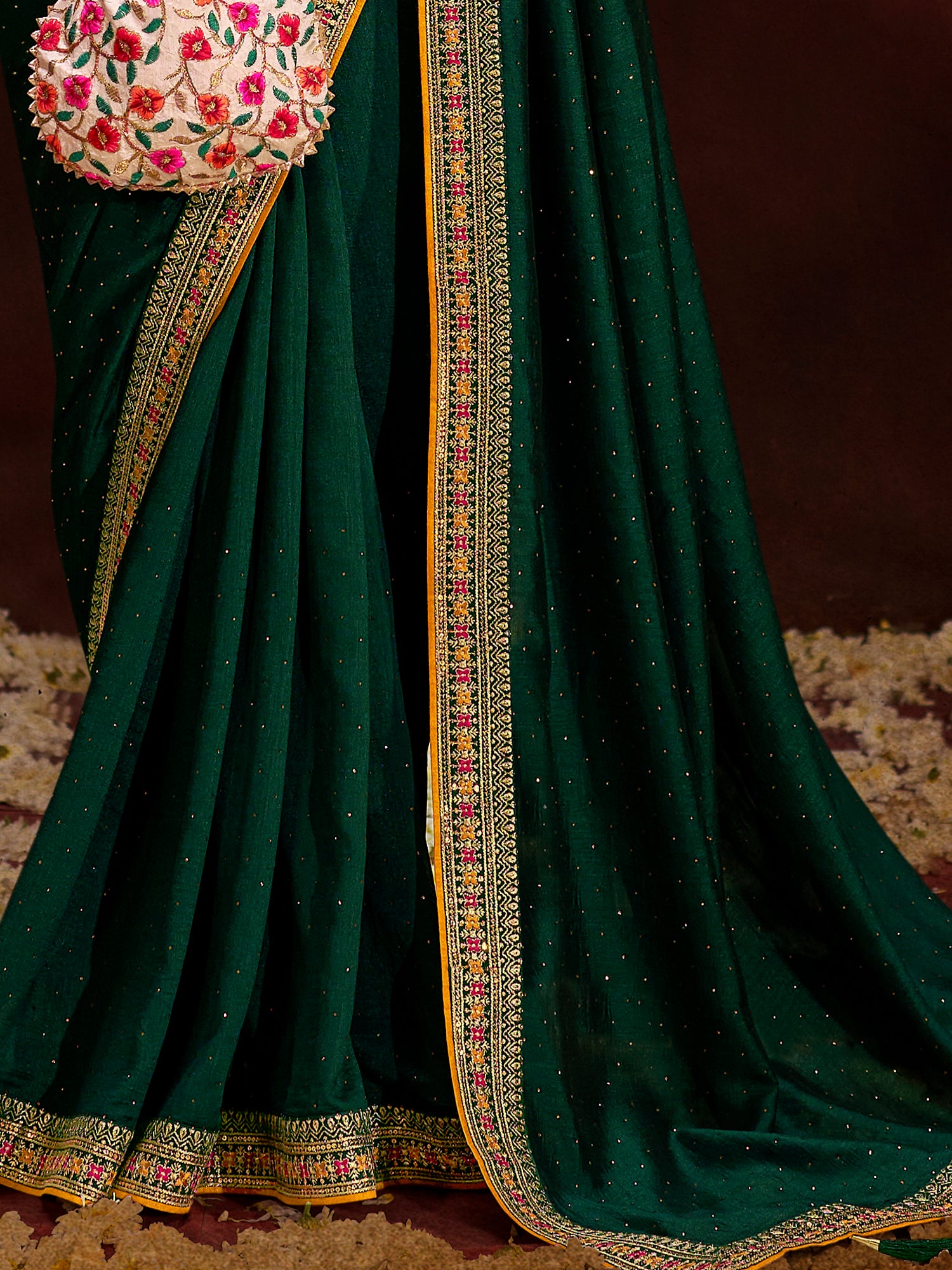 Outstanding Green Heavy Lace Work Silk Mehendi Wear Saree