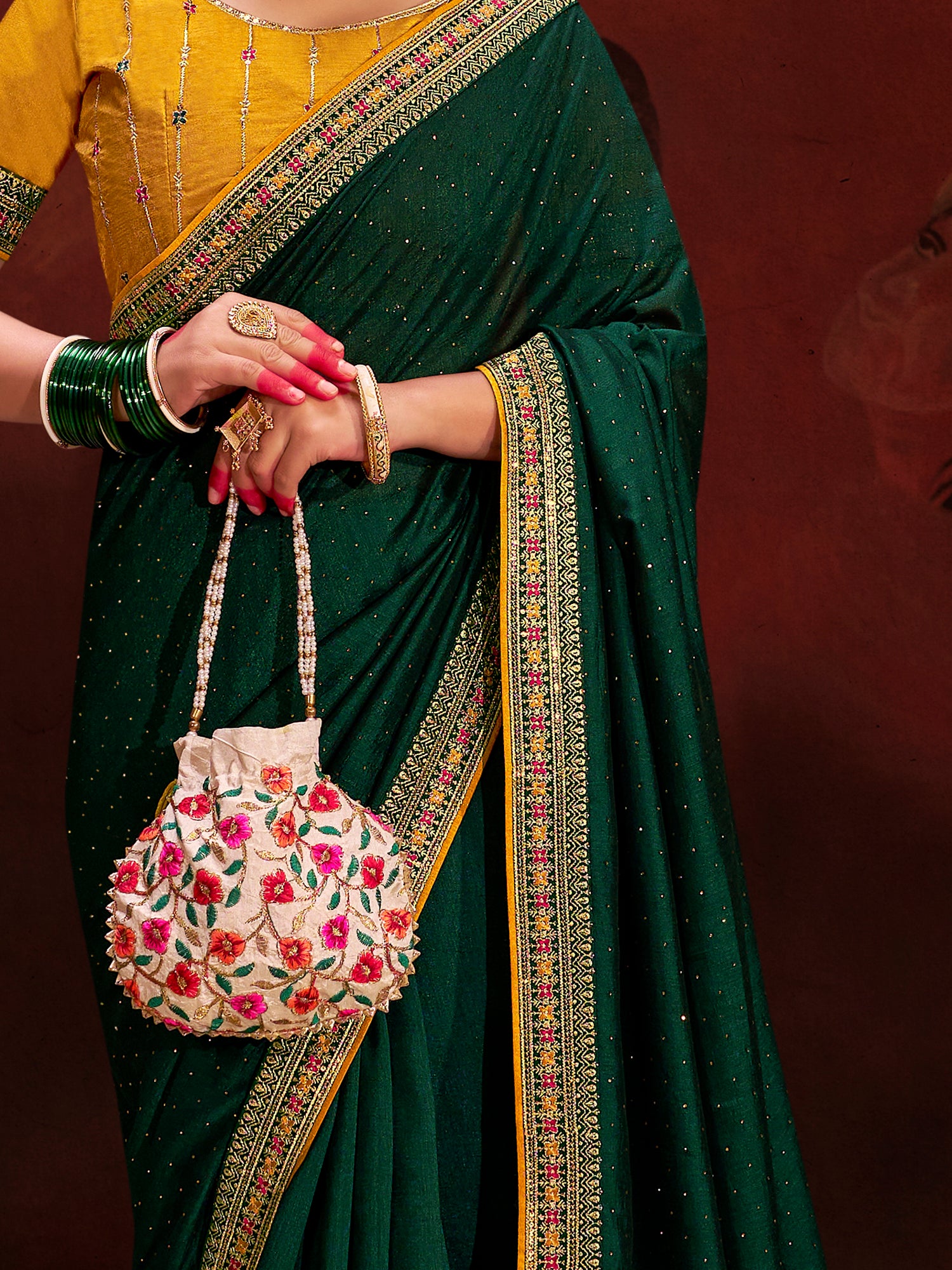 Outstanding Green Heavy Lace Work Silk Mehendi Wear Saree