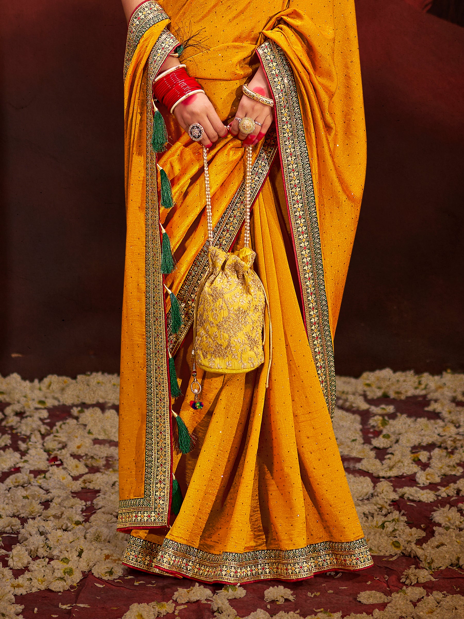 Awesome Yellow Heavy Lace Work Silk Haldi Wear Saree With Blouse