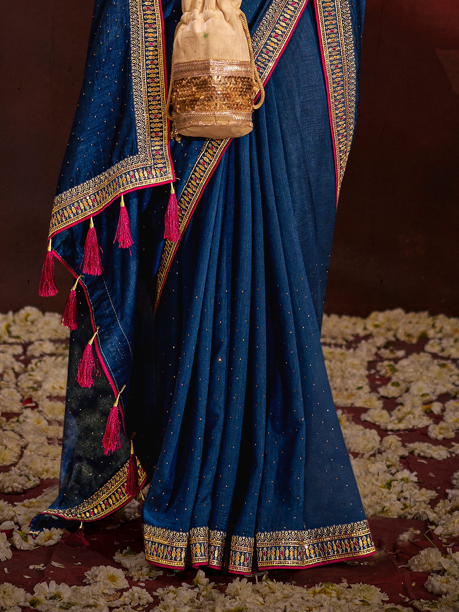 Beautiful Navy Blue Lace Work Silk Engagement Wear Saree With Blouse