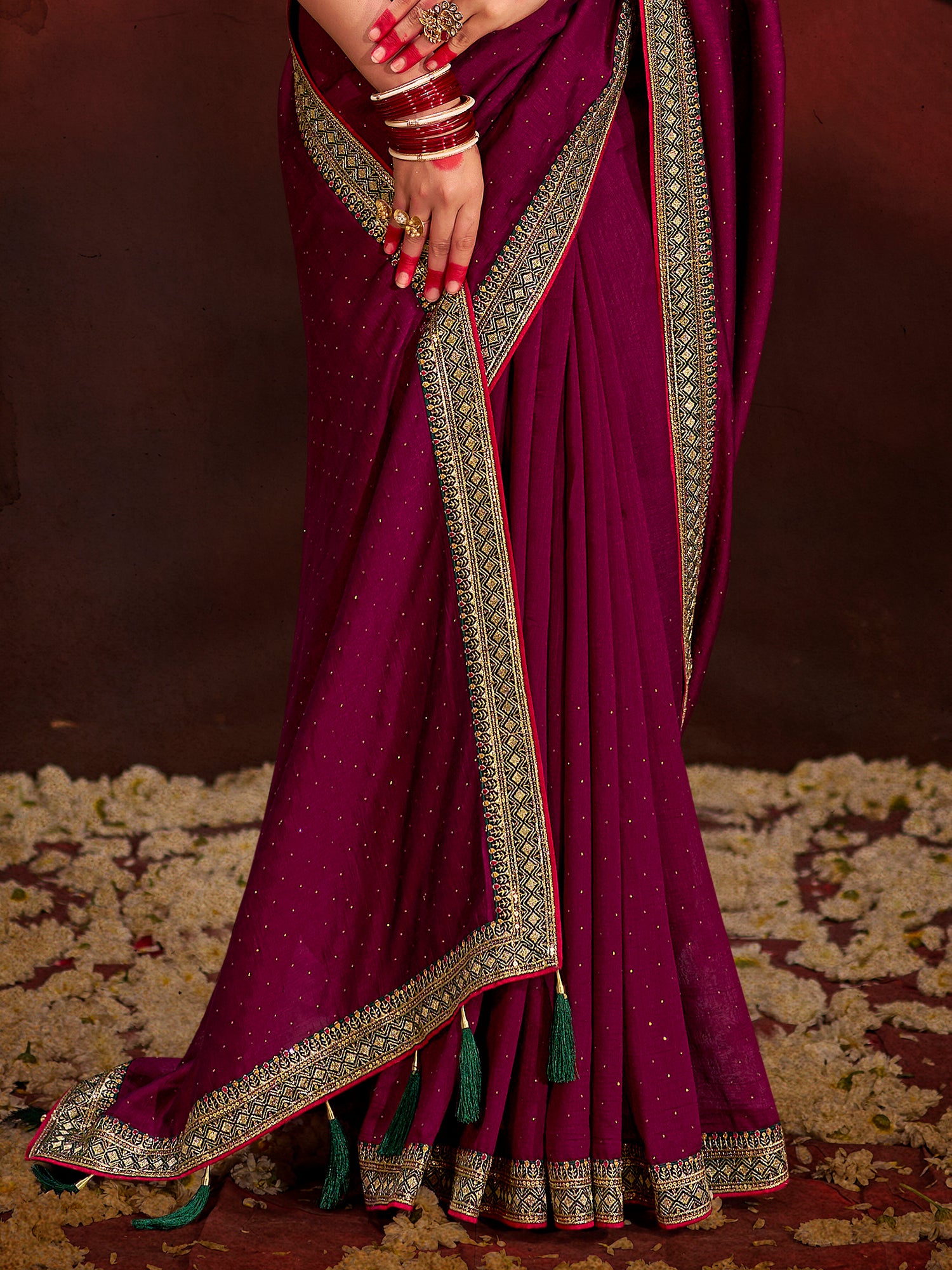 Astonishing Wine Heavy Lace Work Silk Festival Wear Saree With Blouse