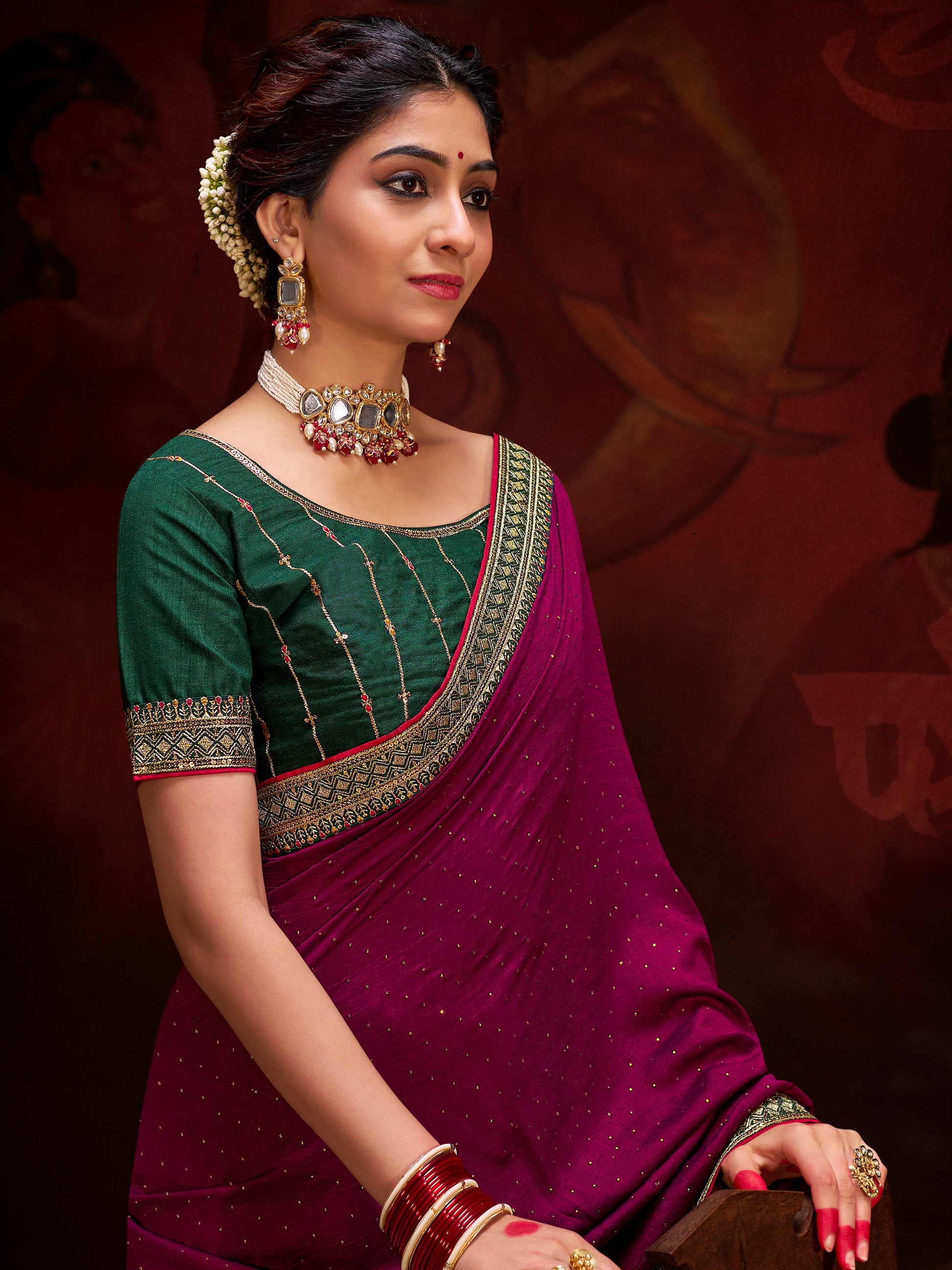 Astonishing Wine Heavy Lace Work Silk Festival Wear Saree With Blouse