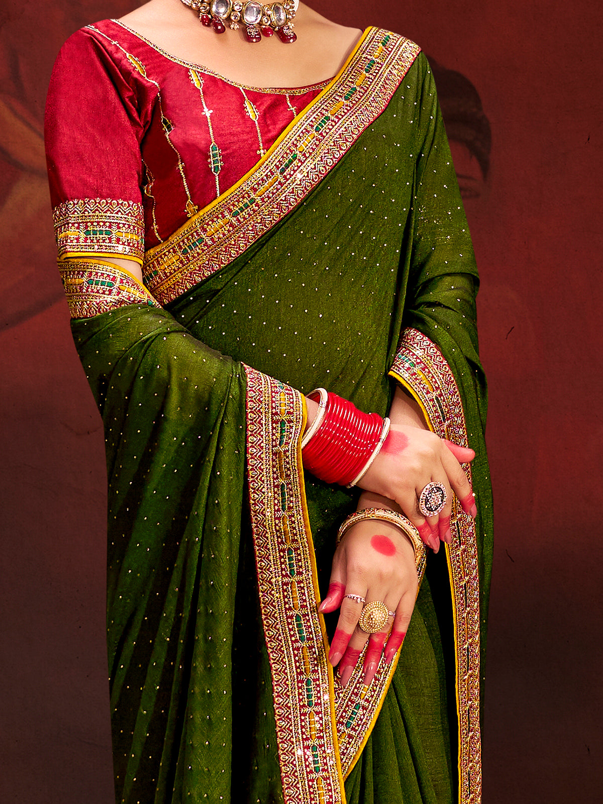Incredible Green Heavy Lace Work Silk Event Wear Saree With Blouse
